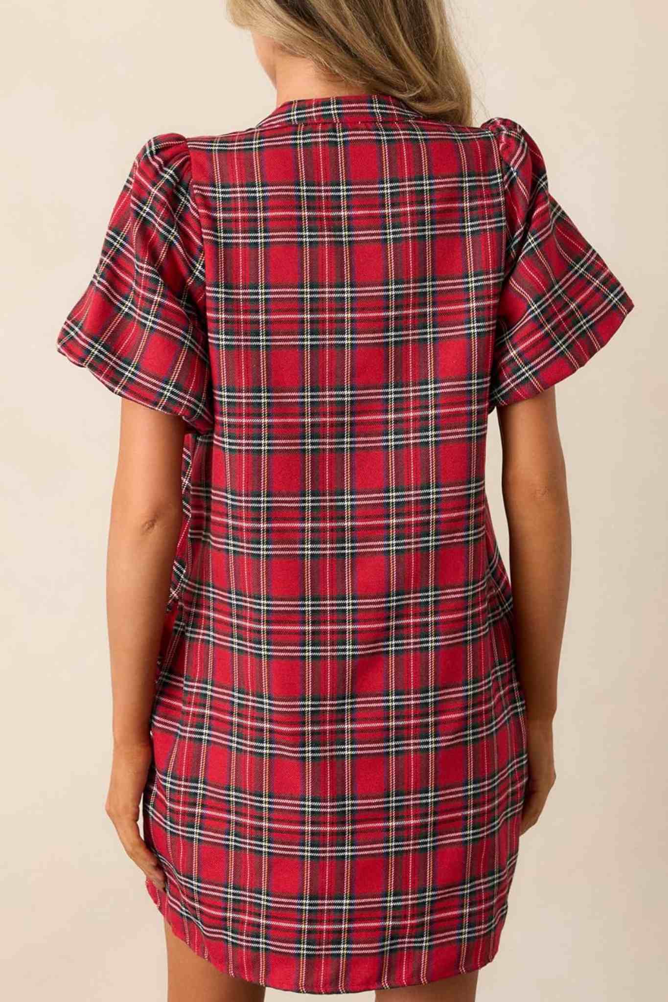 Lifeshe Bow Front Lantern Sleeve Plaid Shift Dress With Pocket