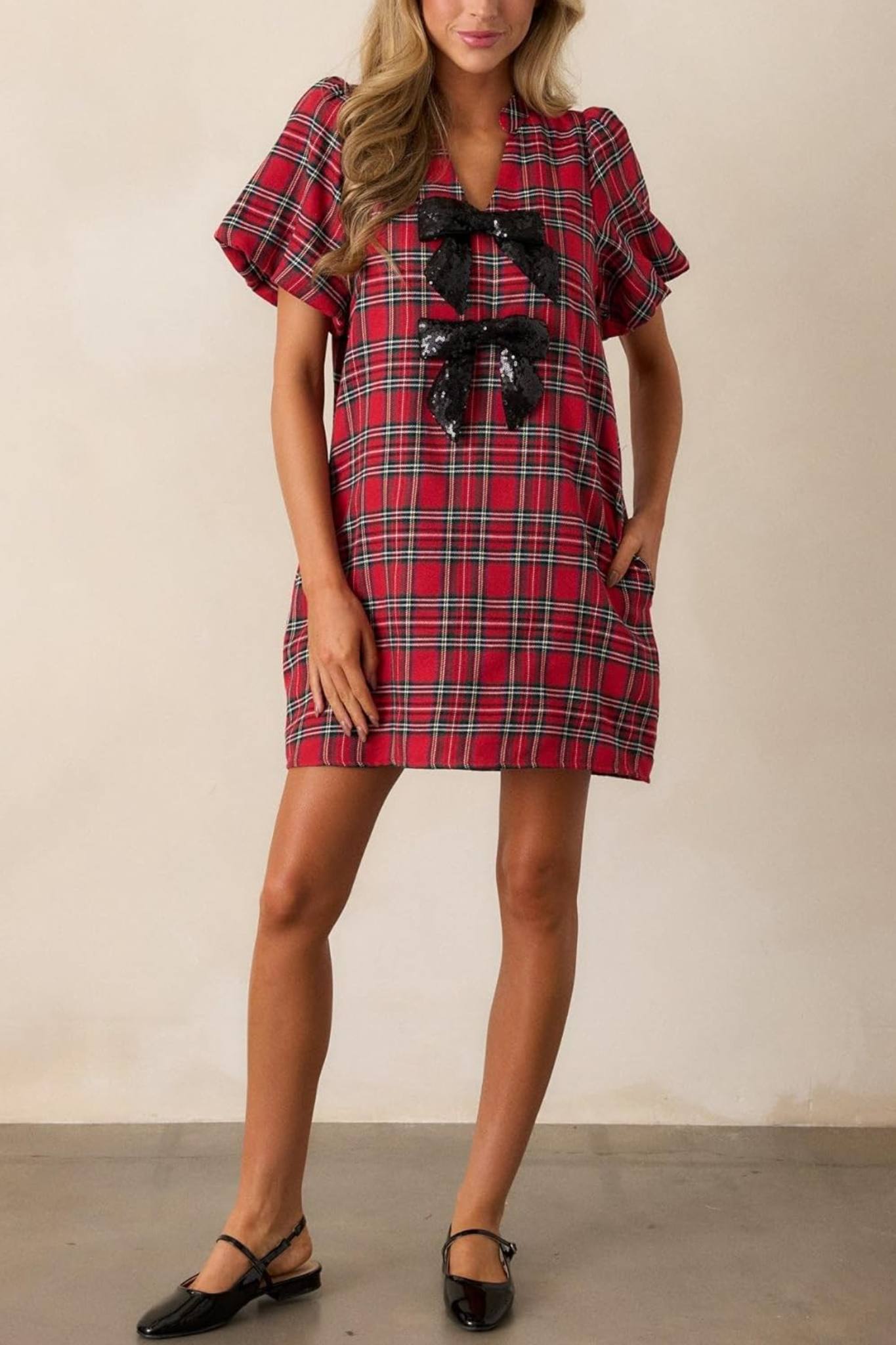Lifeshe Bow Front Lantern Sleeve Plaid Shift Dress With Pocket