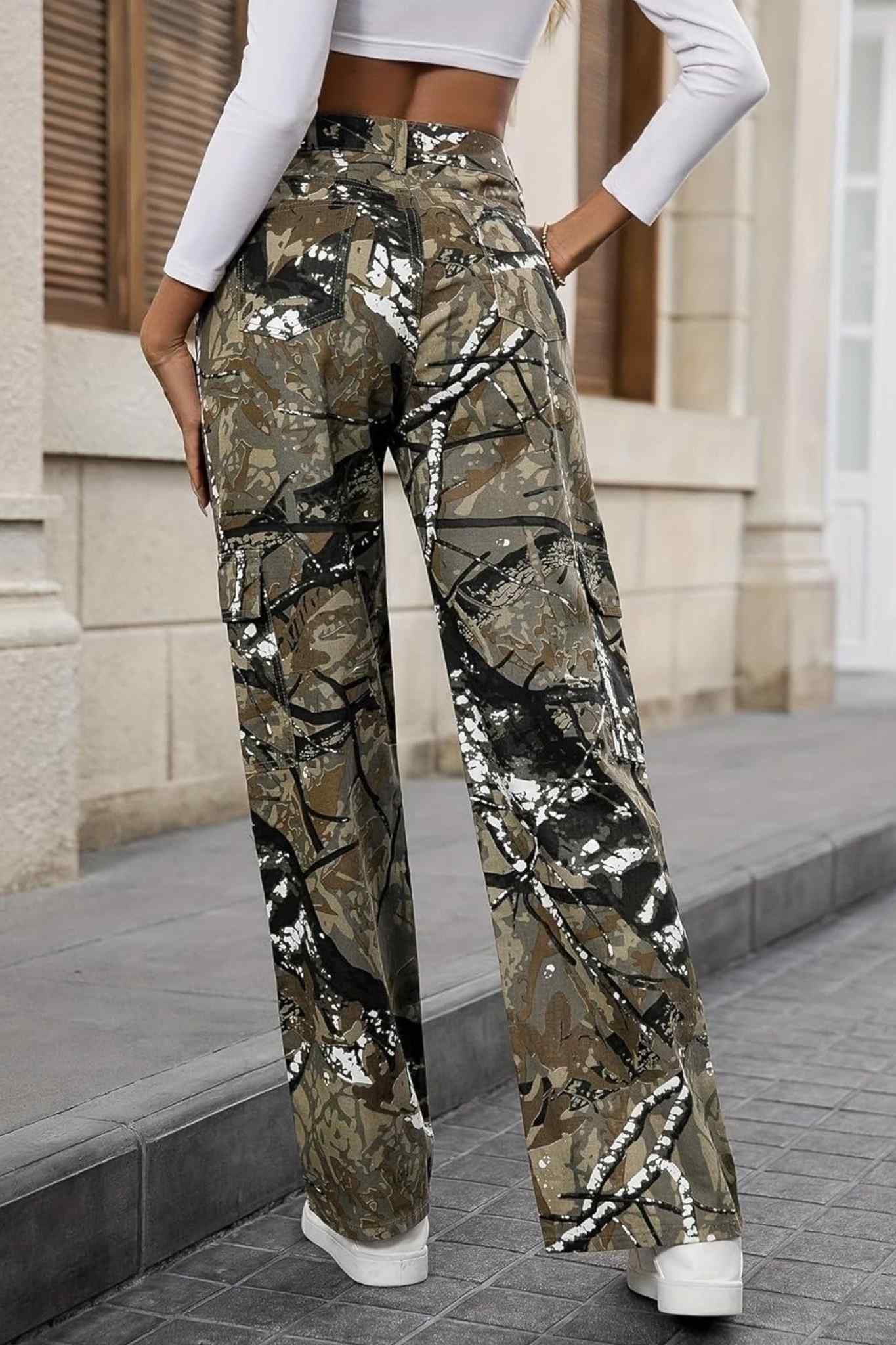 Lifeshe Trendy Wide Leg Camo Cargo Jeans Street Style