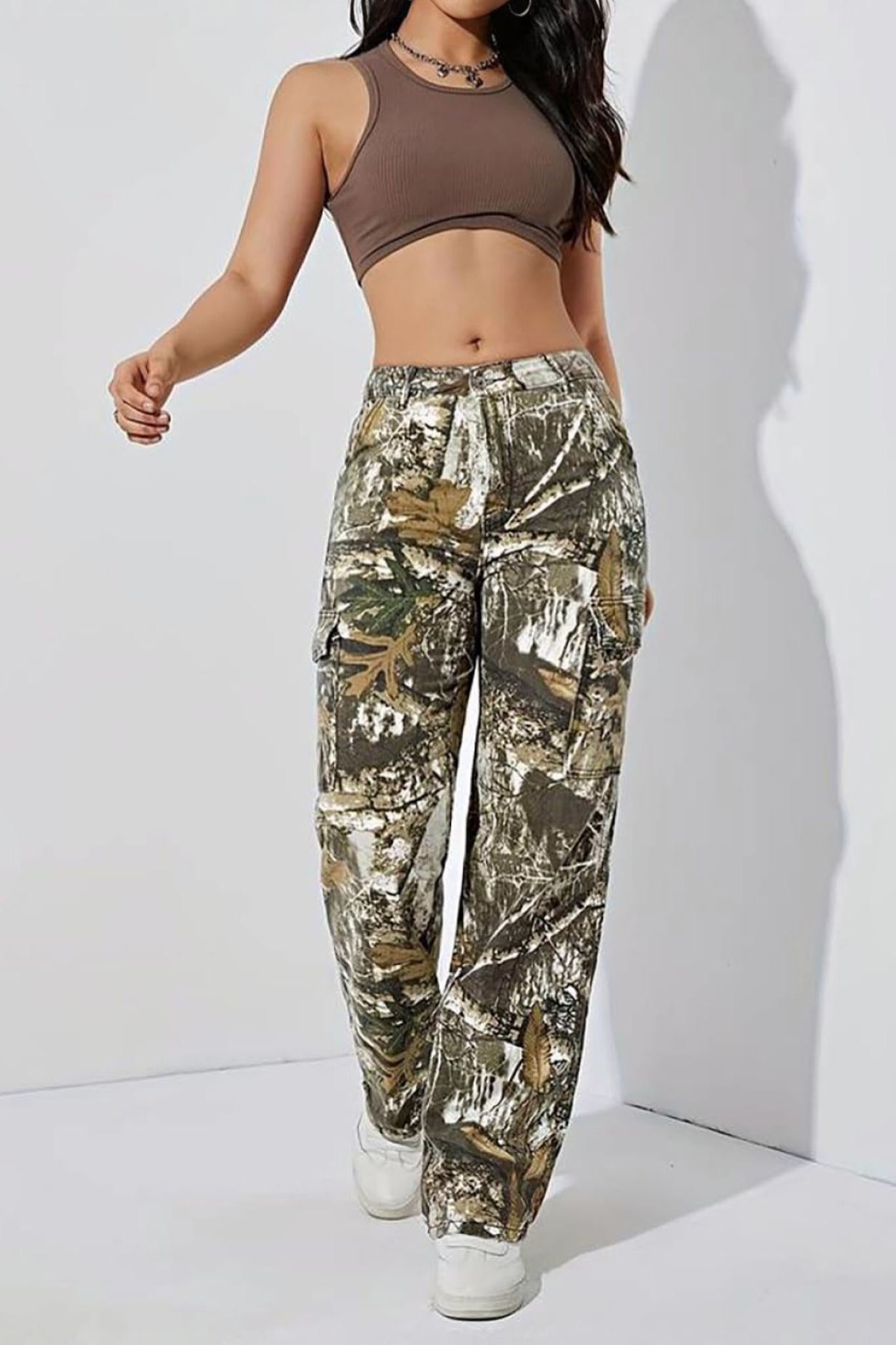 Lifeshe Trendy Wide Leg Camo Cargo Jeans Street Style