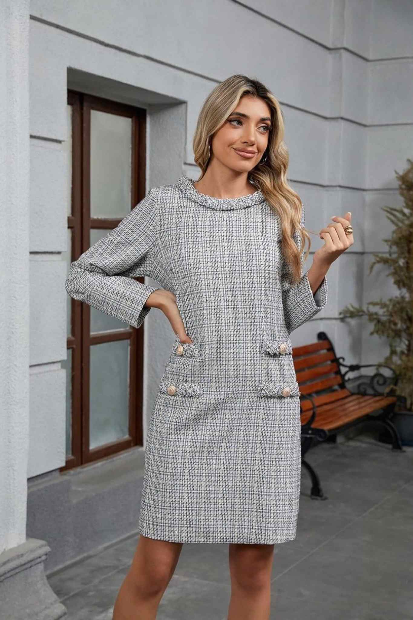 Lifeshe Tweed Work Dress Women's Tweed Dress Button Decor Short Sleeve  Elegant Work Sheath