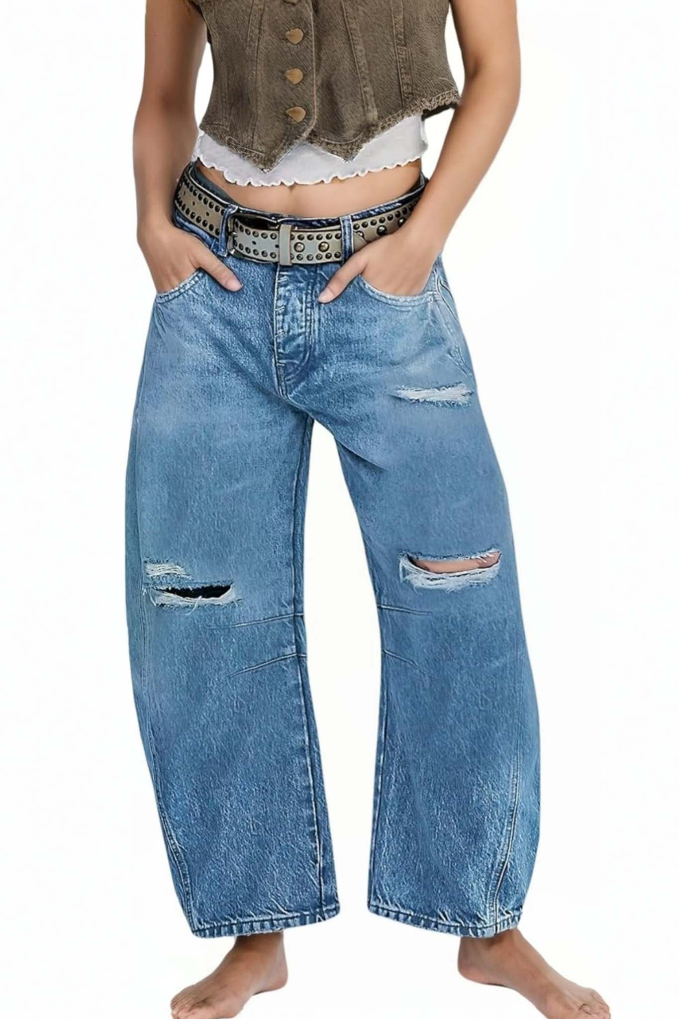 Lifeshe Low Rise Ripped Boyfriend Barrel Jeans