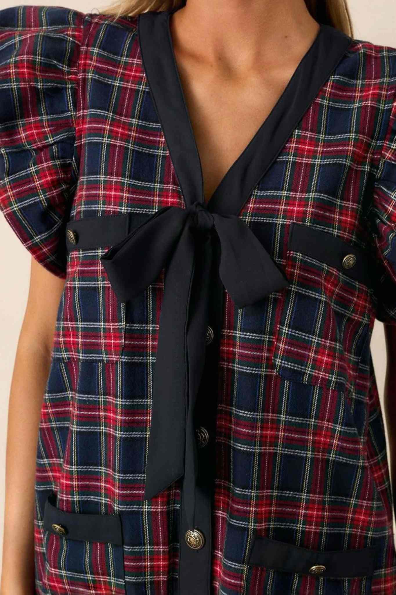 Lifeshe Bow Front Ruffle Sleeve Plaid Shift Dress With Pockets