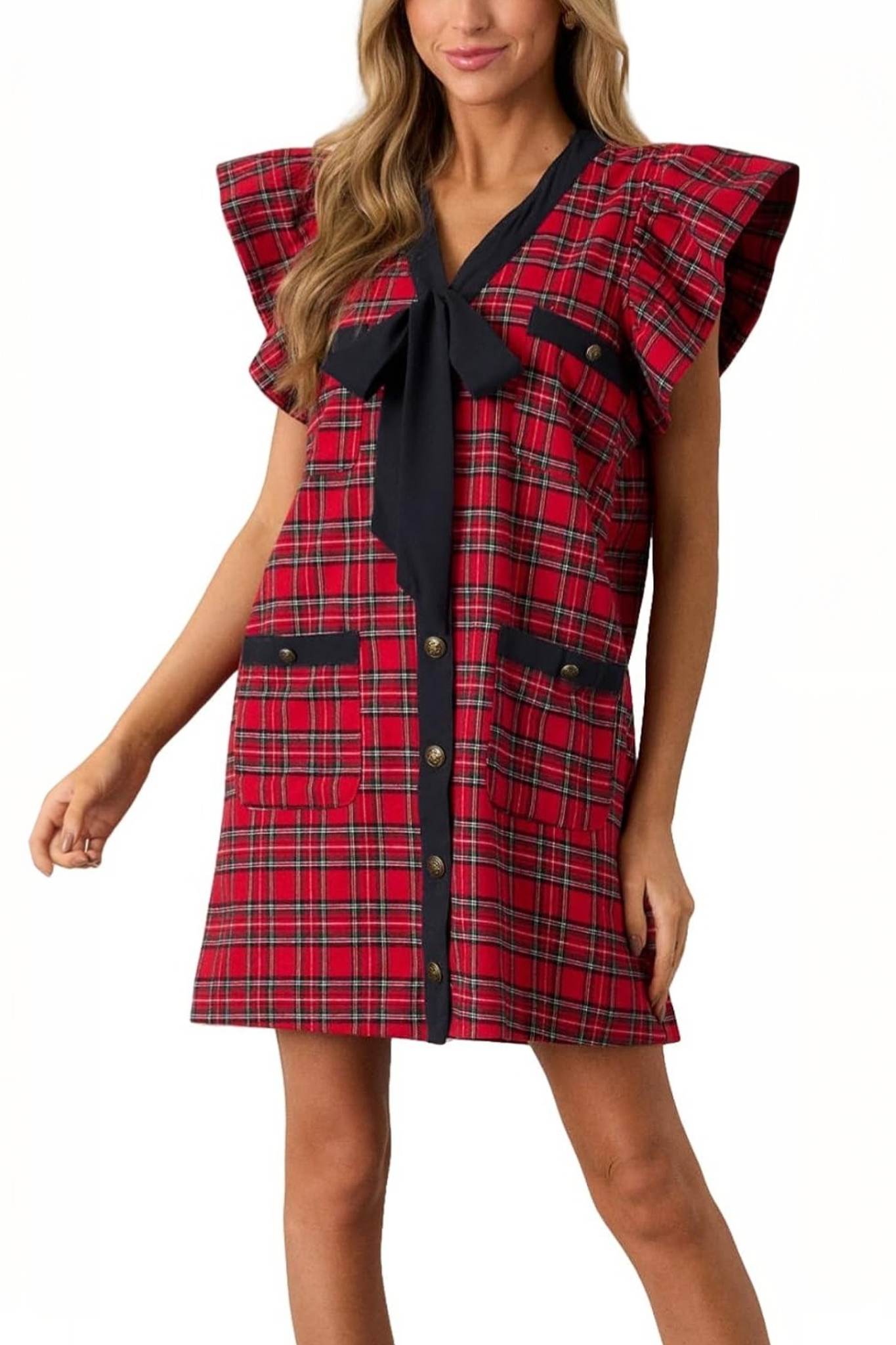 Lifeshe Bow Front Ruffle Sleeve Plaid Shift Dress With Pockets