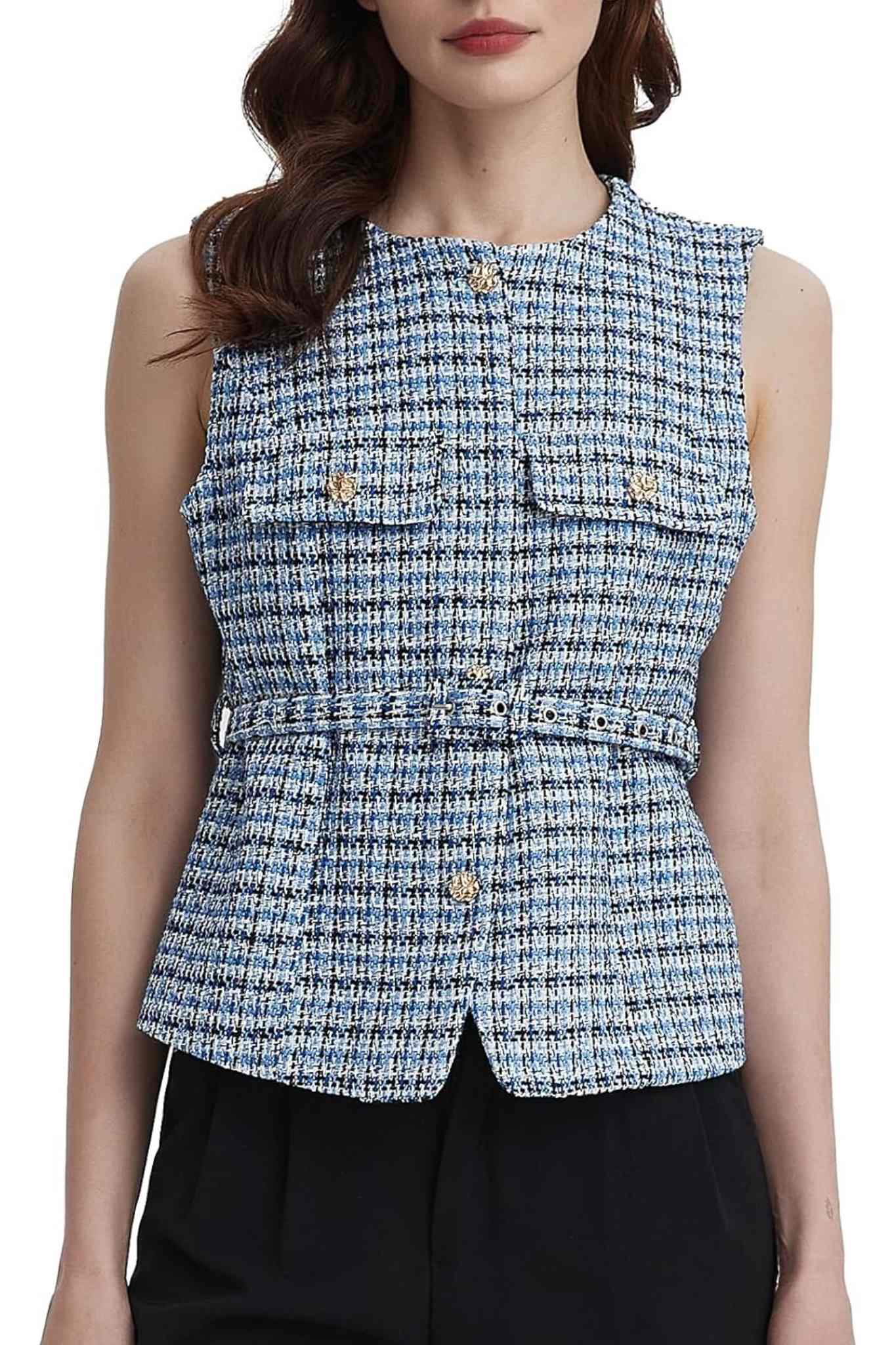 Lifeshe Elegant Sleeveless Belted Tweed Vest With Gold Buttons
