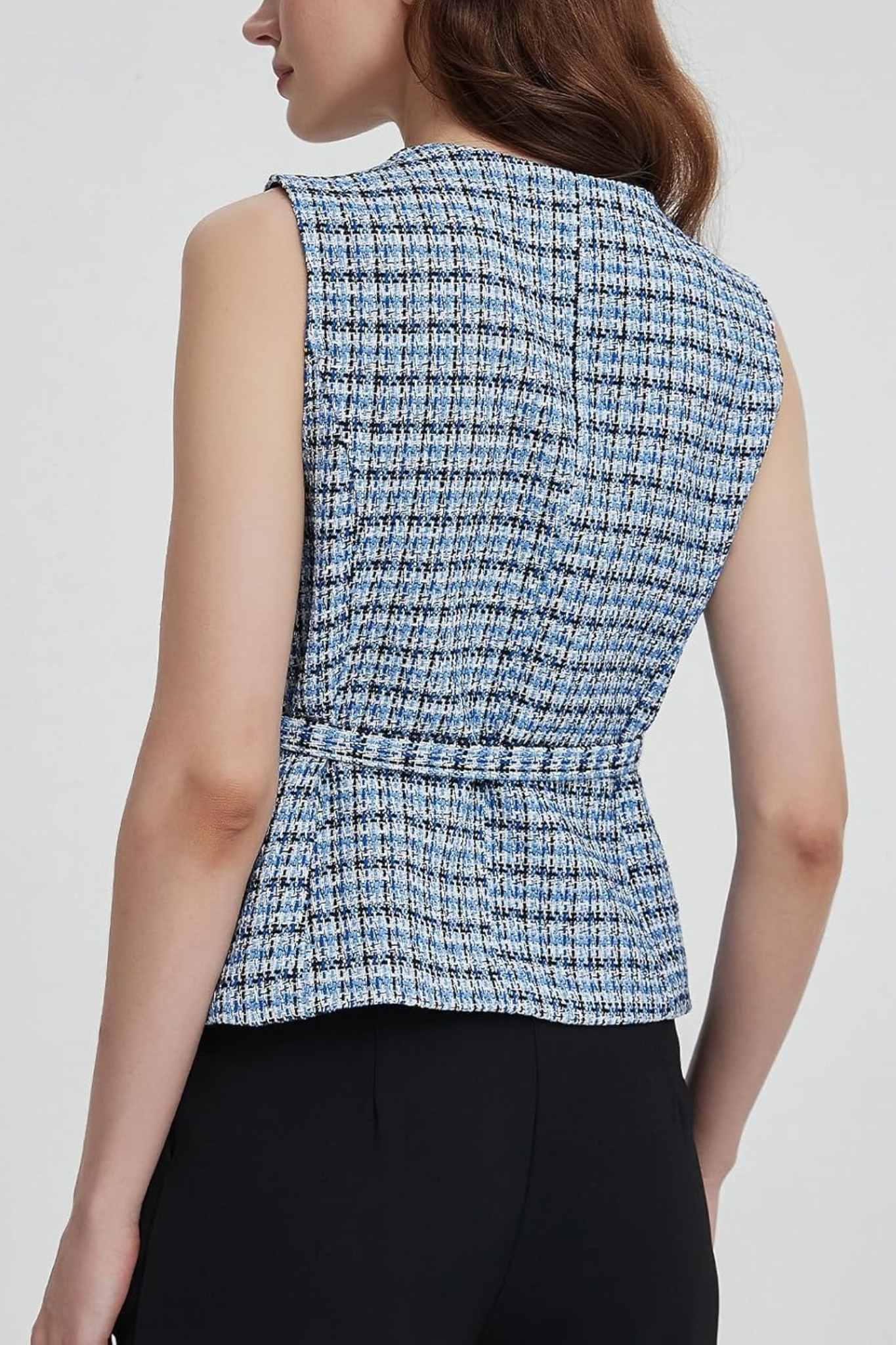 Lifeshe Elegant Sleeveless Belted Tweed Vest With Gold Buttons
