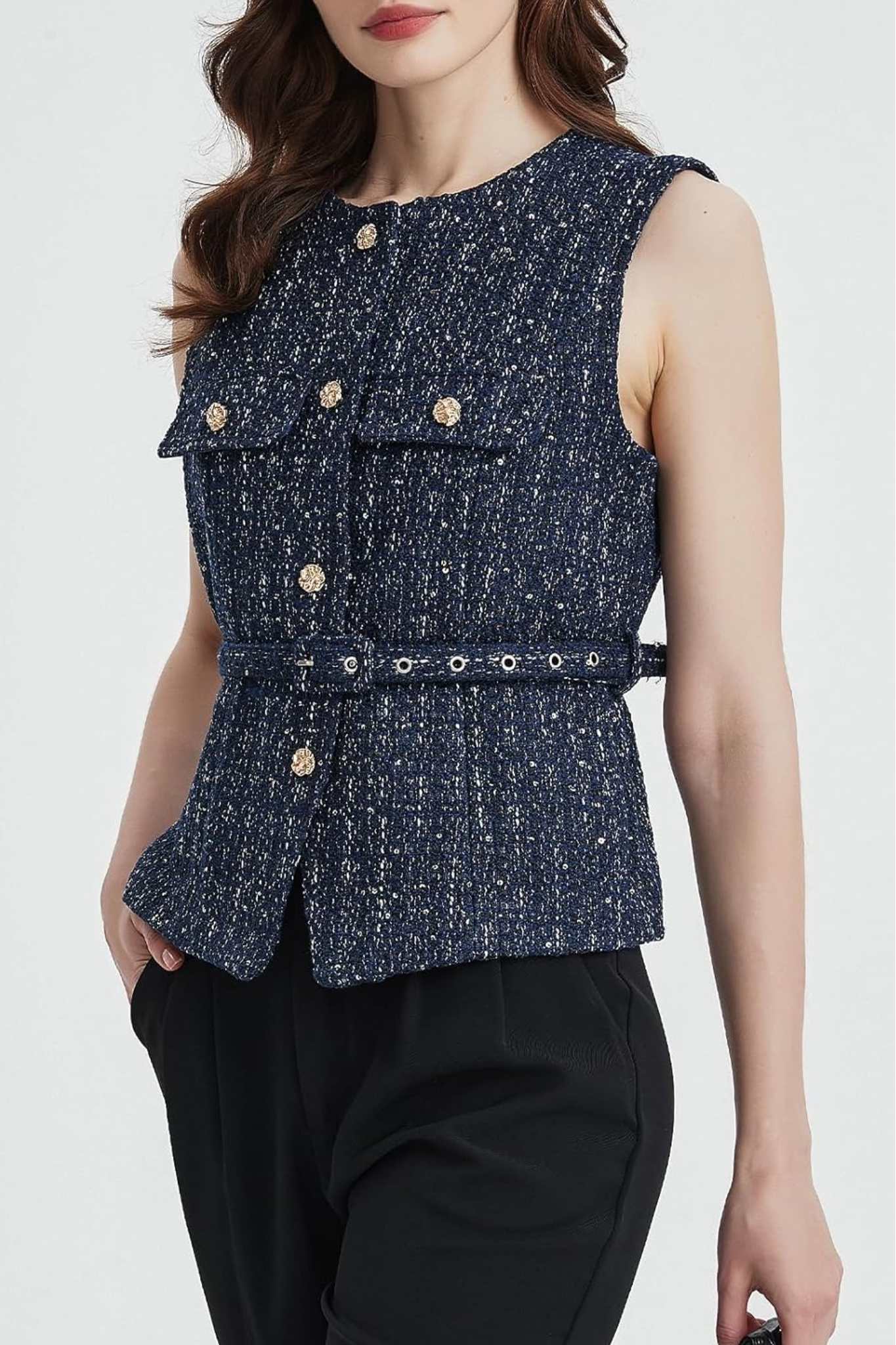 Lifeshe Elegant Sleeveless Belted Tweed Vest With Gold Buttons