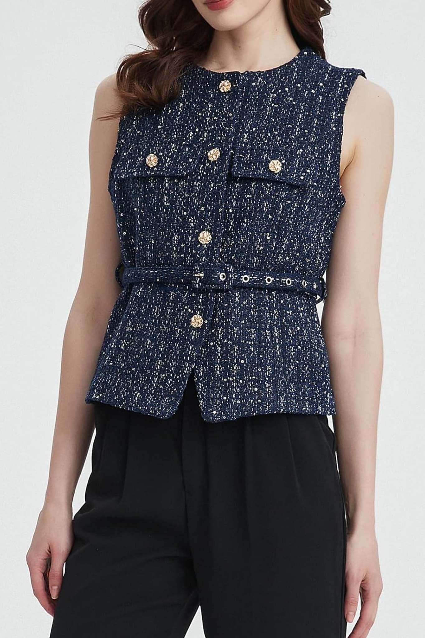 Lifeshe Elegant Sleeveless Belted Tweed Vest With Gold Buttons