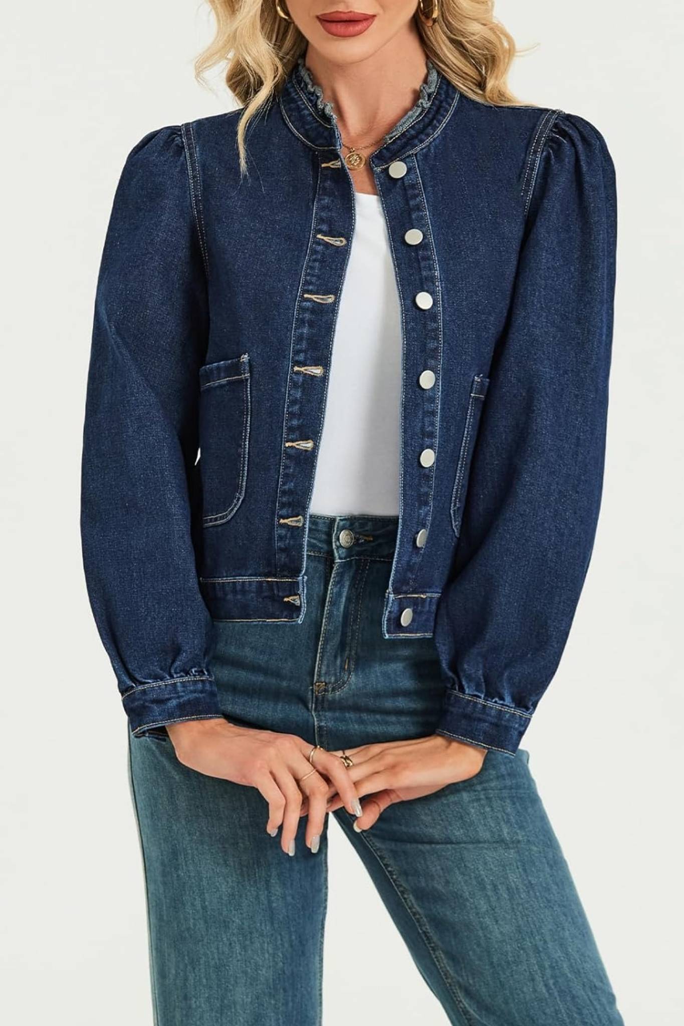Lifeshe Vintage Frill Collar Puff Sleeve Denim Jacket With Pockets