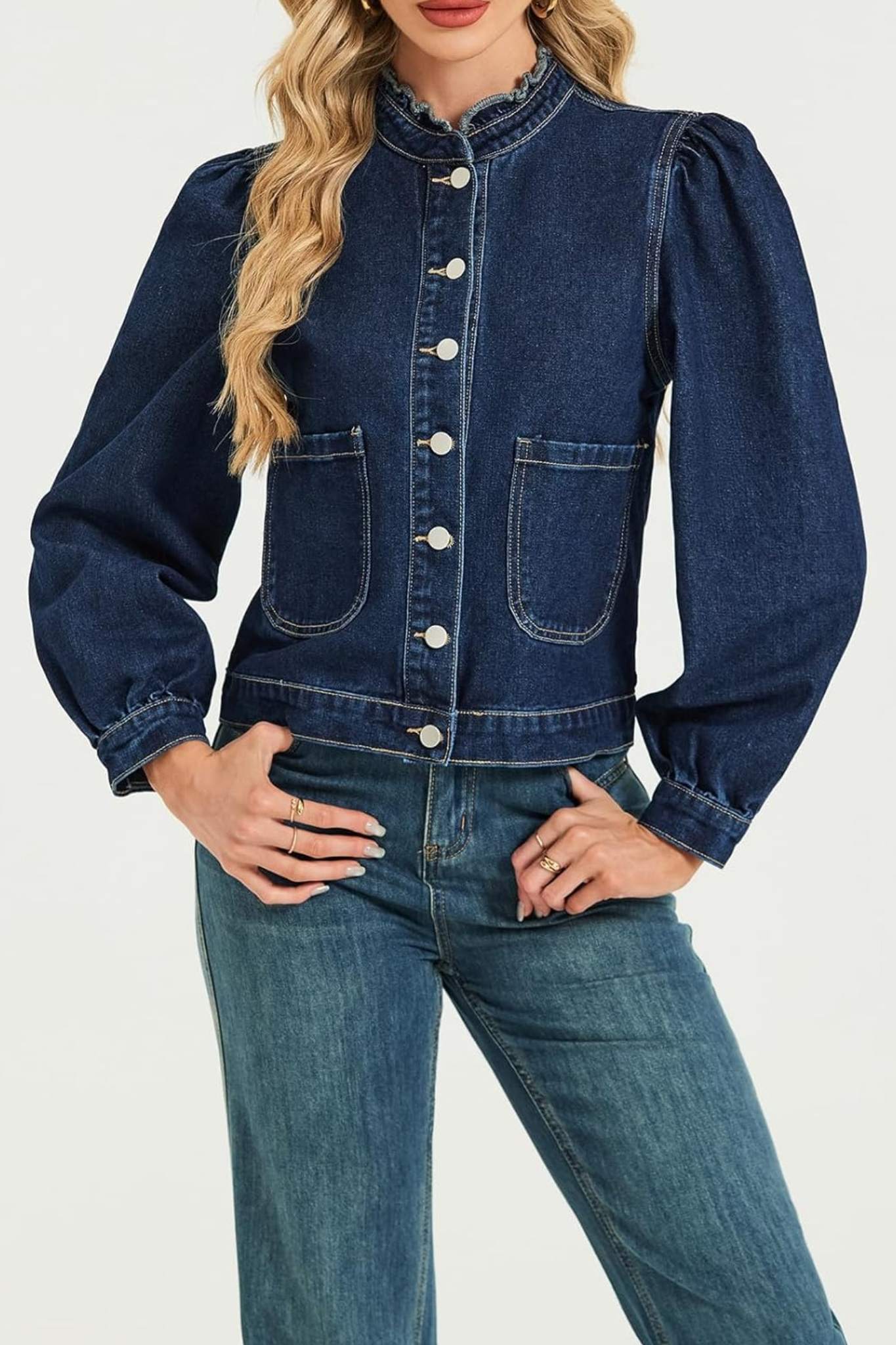 Lifeshe Vintage Frill Collar Puff Sleeve Denim Jacket With Pockets