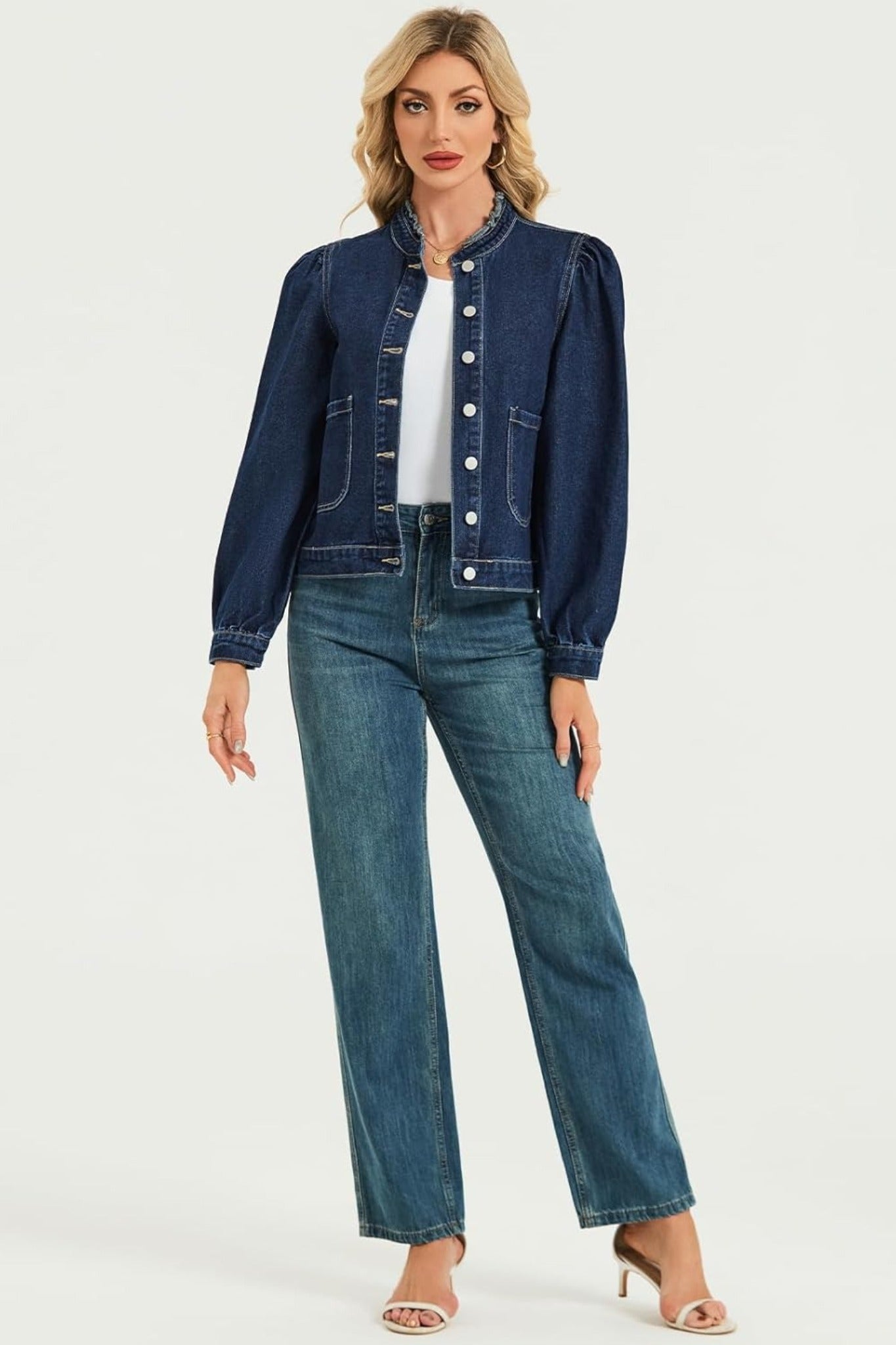 Lifeshe Vintage Frill Collar Puff Sleeve Denim Jacket With Pockets