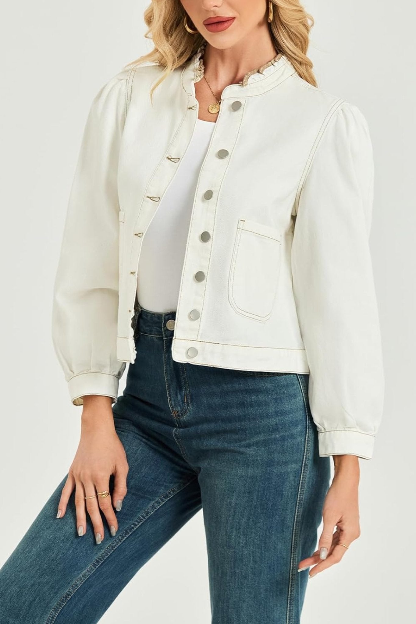 Lifeshe Vintage Frill Collar Puff Sleeve Denim Jacket With Pockets