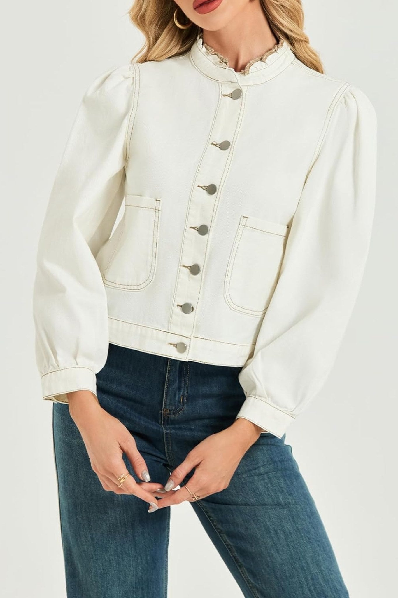 Lifeshe Vintage Frill Collar Puff Sleeve Denim Jacket With Pockets