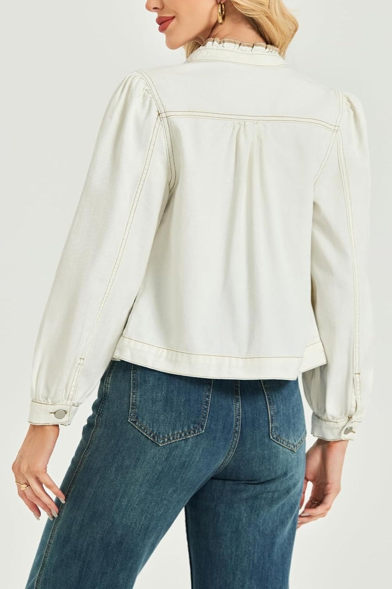 Lifeshe Vintage Frill Collar Puff Sleeve Denim Jacket With Pockets