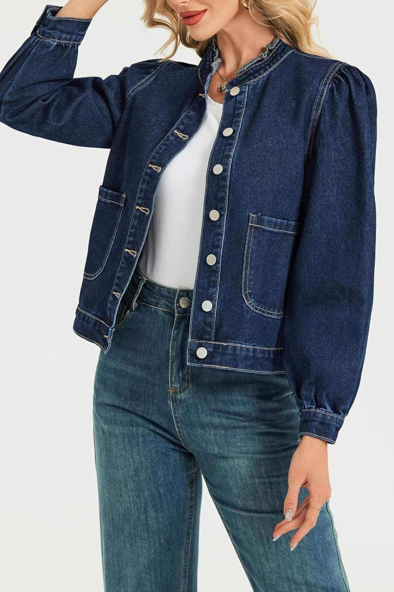 Lifeshe Vintage Frill Collar Puff Sleeve Denim Jacket With Pockets