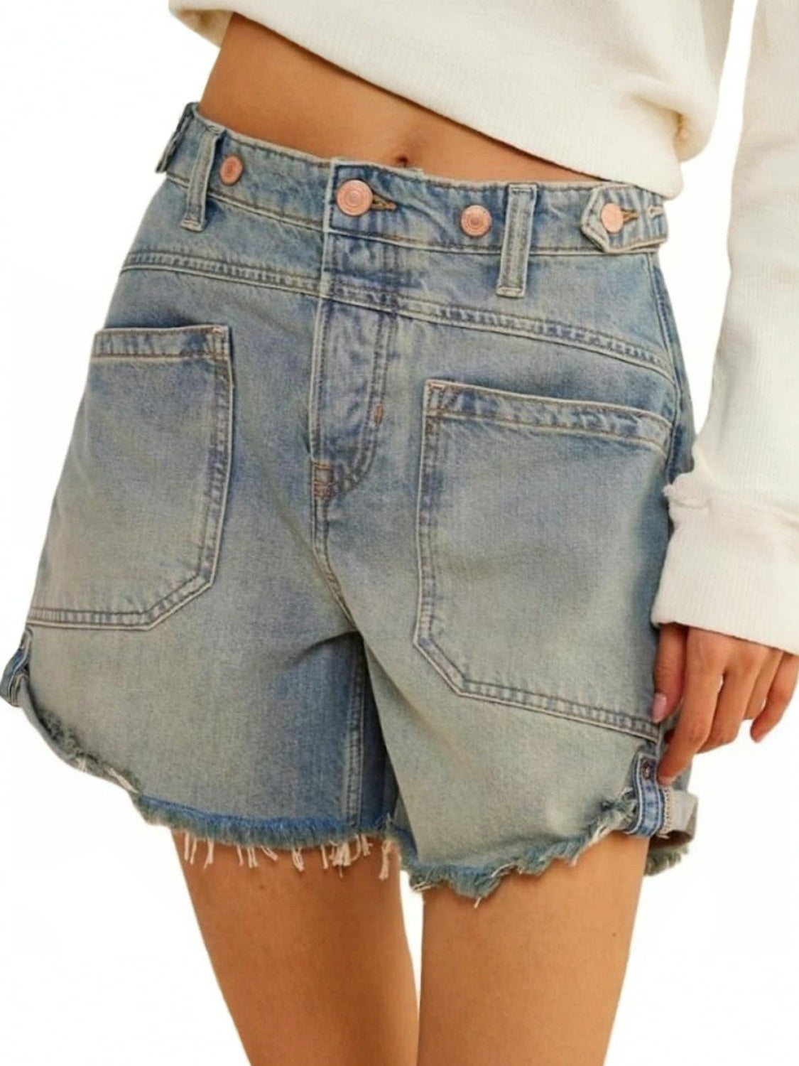 Ezapine Mid Rise Raw Hem Folded Jean Shorts