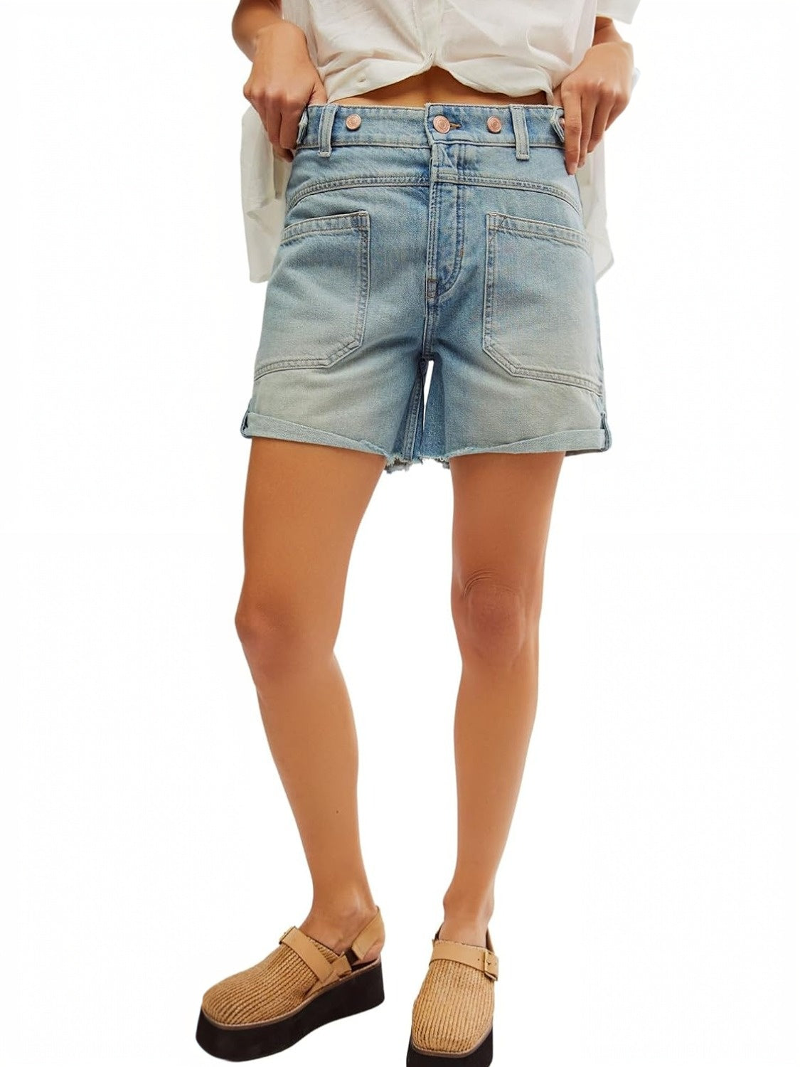 Ezapine Mid Rise Raw Hem Folded Jean Shorts