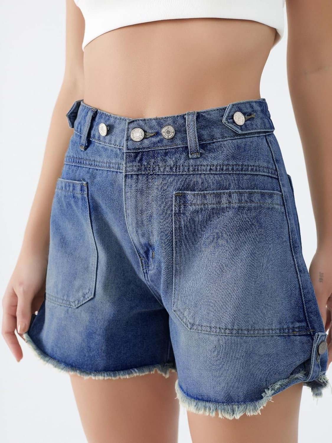 Ezapine Mid Rise Raw Hem Folded Jean Shorts