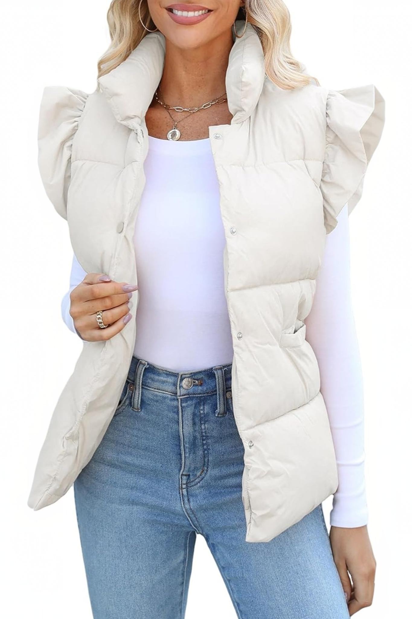 Kedera Ruffle Sleeve Puffer Vest With Pockets