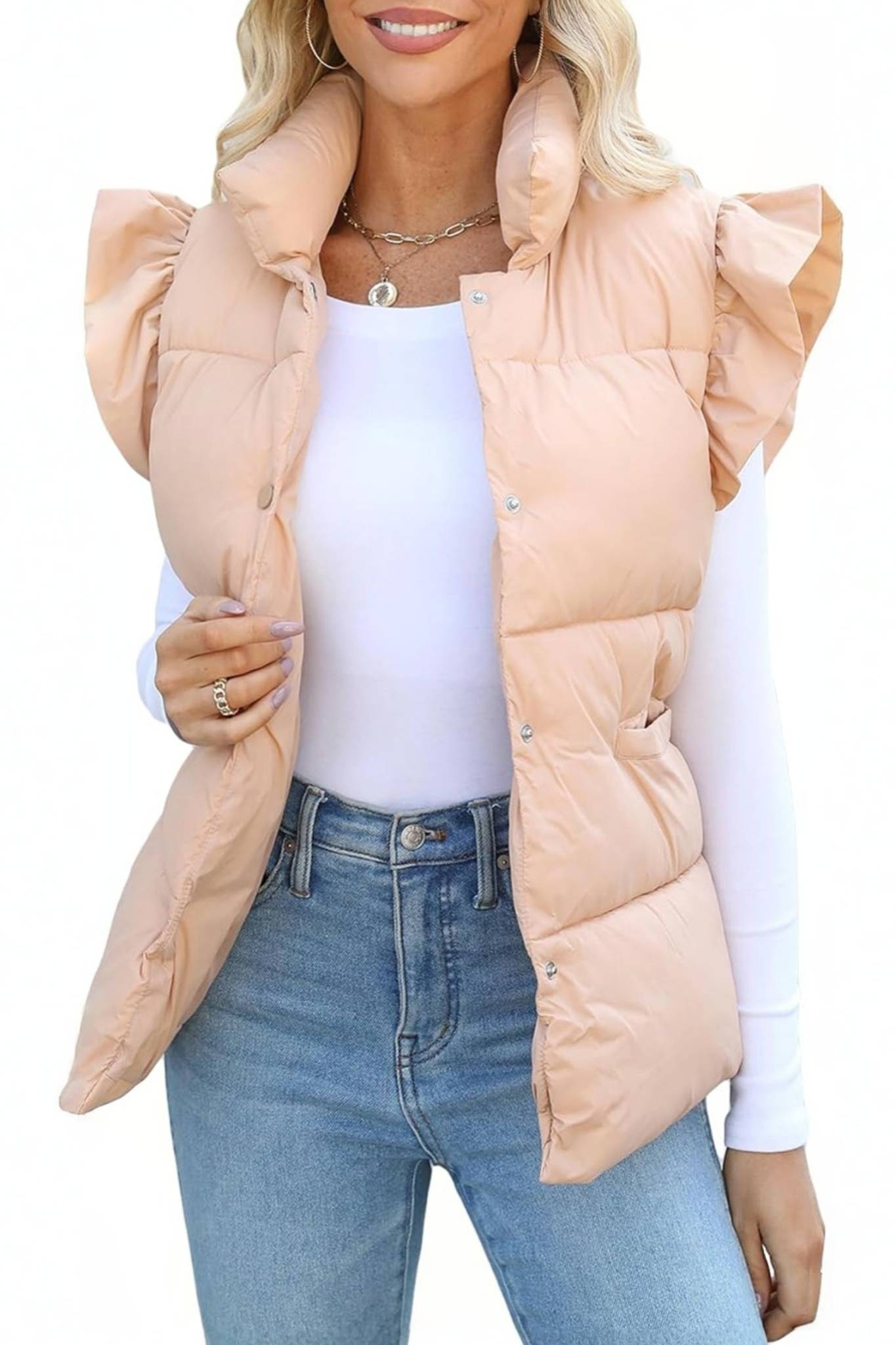 Kedera Ruffle Sleeve Puffer Vest With Pockets