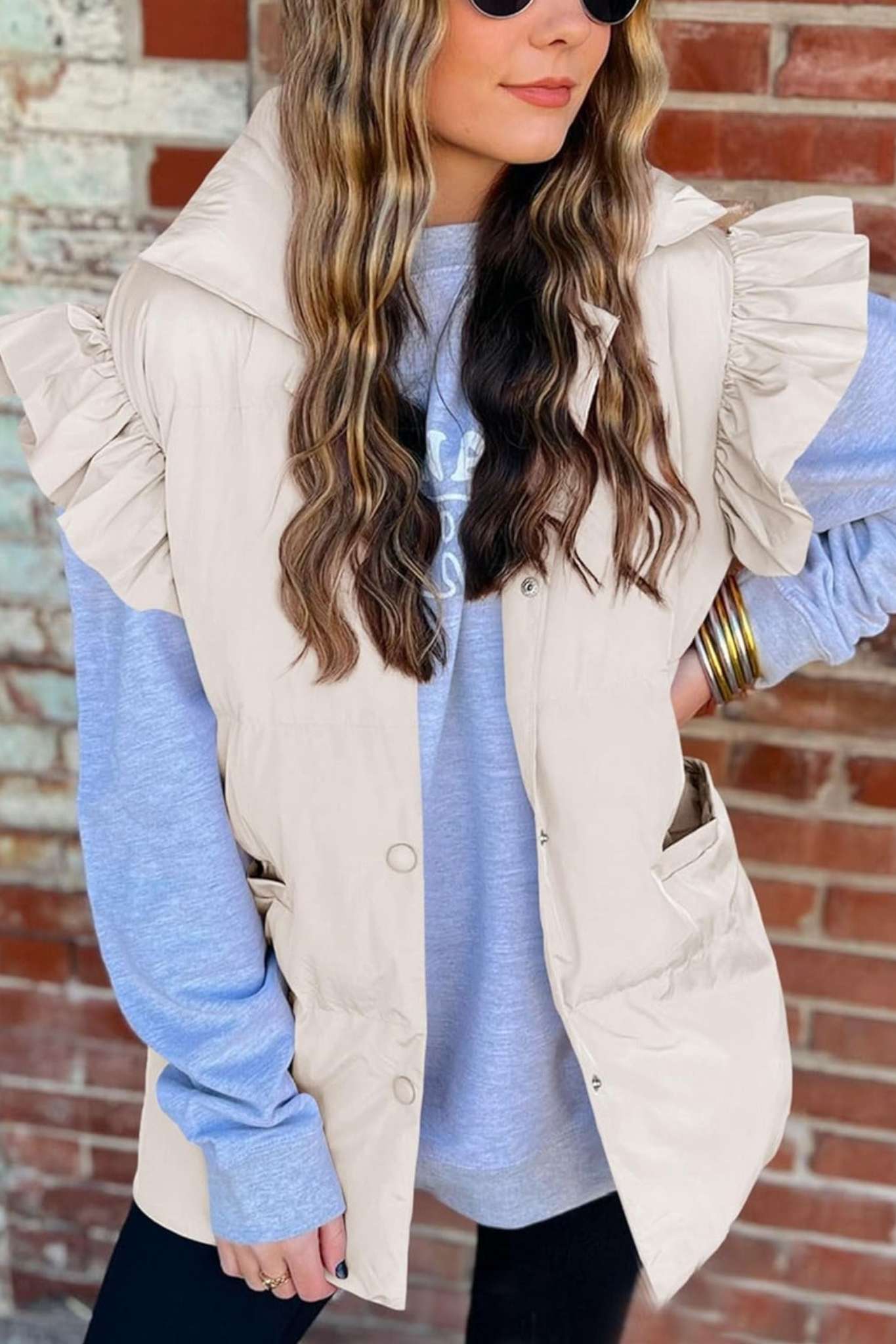 Kedera Ruffle Sleeve Puffer Vest With Pockets