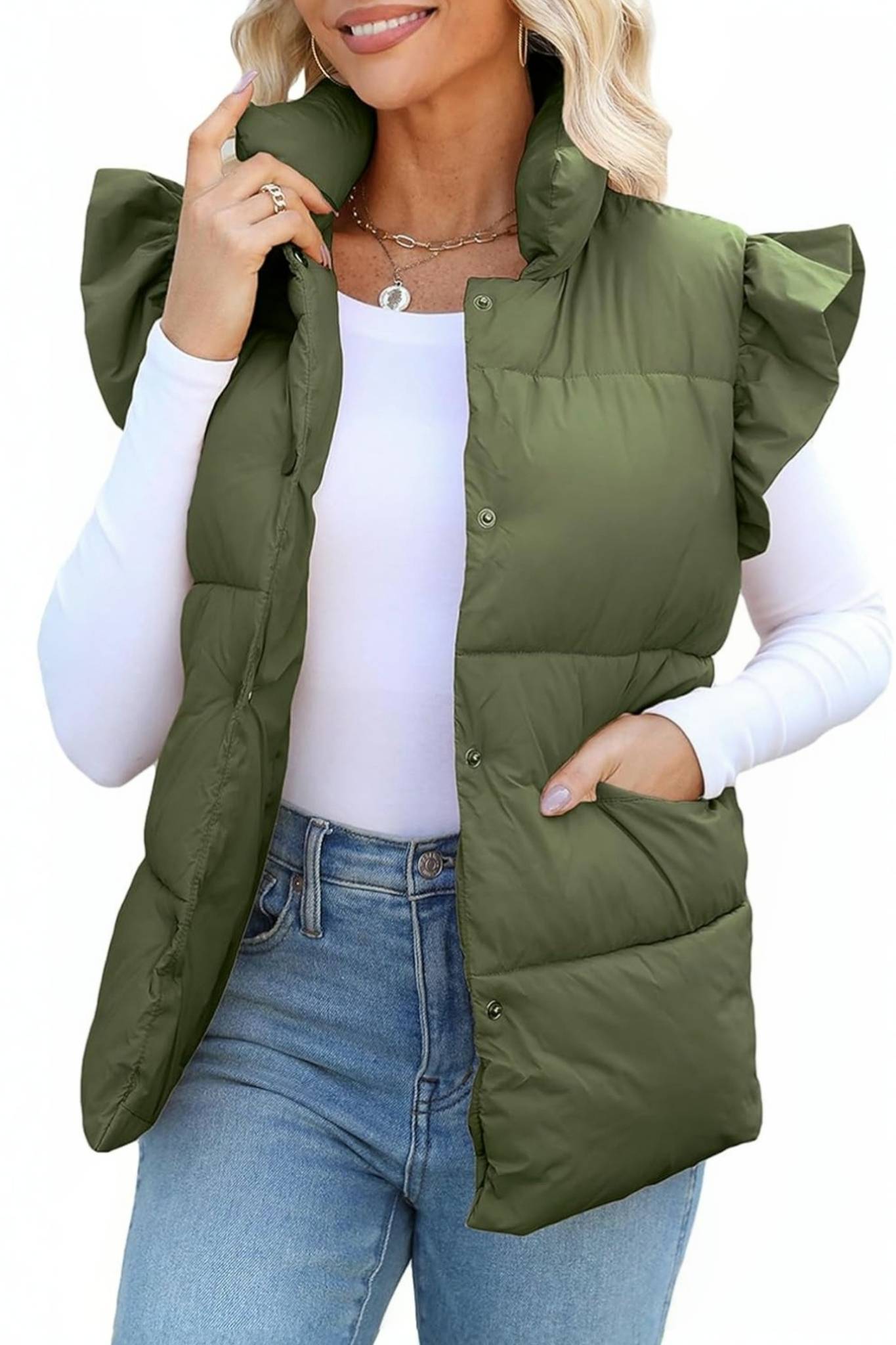 Kedera Ruffle Sleeve Puffer Vest With Pockets