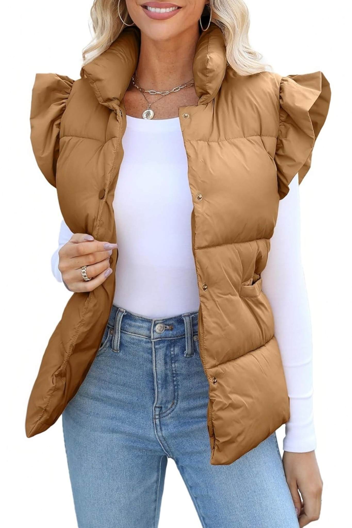 Kedera Ruffle Sleeve Puffer Vest With Pockets