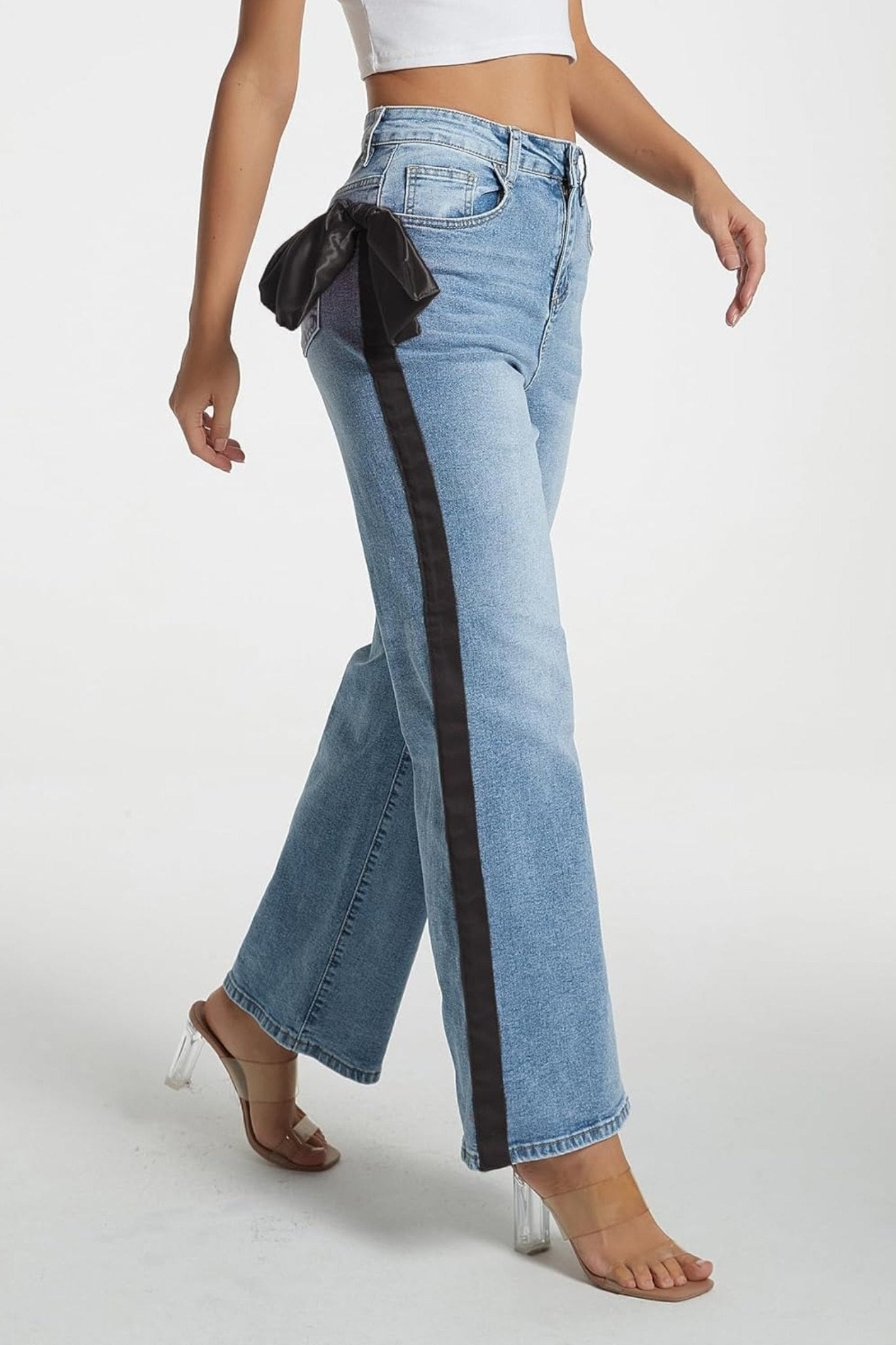 Kedera Statement Satin Bow High Waisted Wide Leg Jeans With Side Stripe