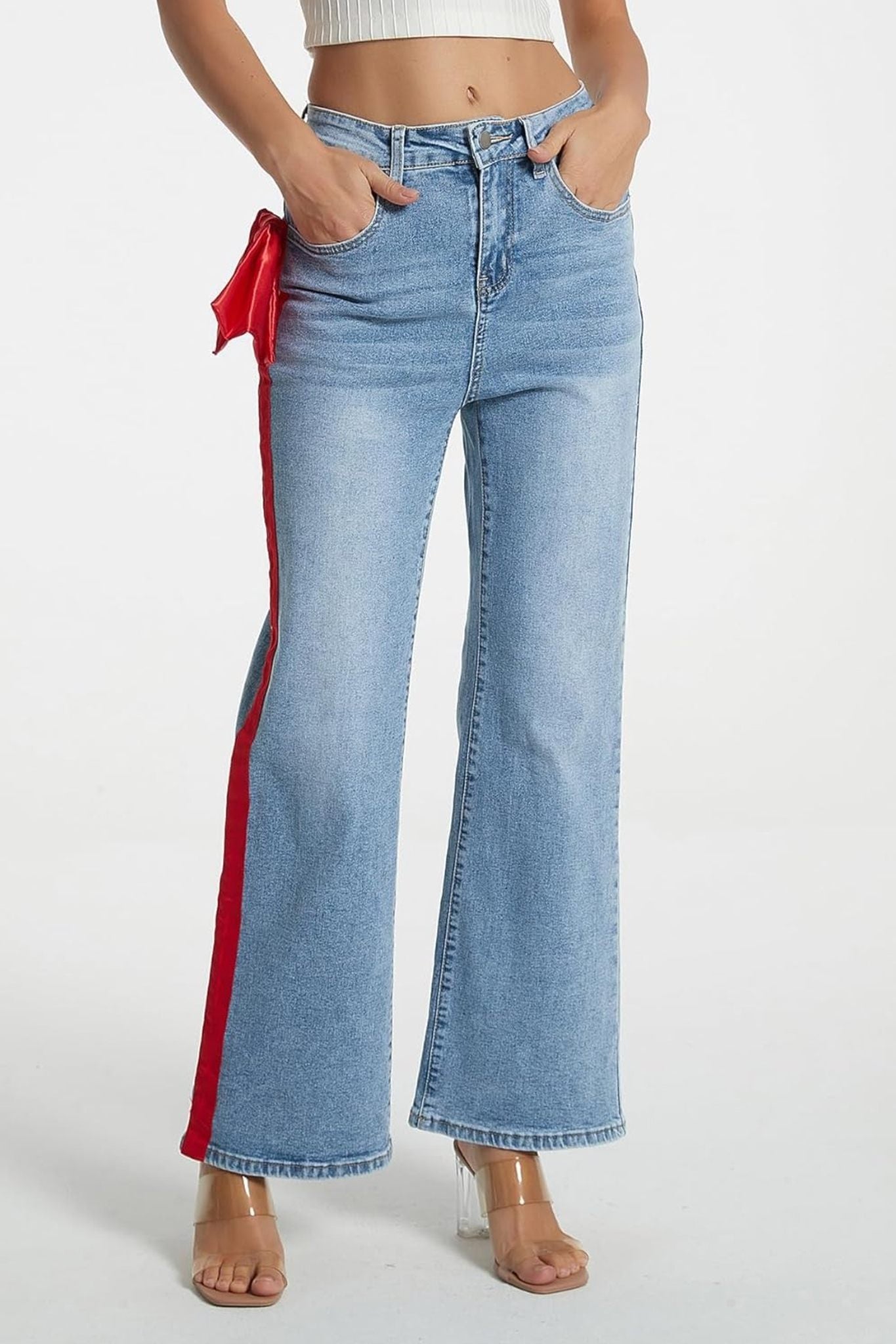 Kedera Statement Satin Bow High Waisted Wide Leg Jeans With Side Stripe