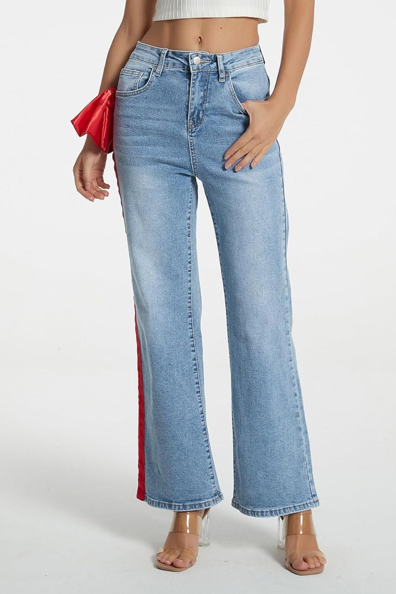 Kedera Statement Satin Bow High Waisted Wide Leg Jeans With Side Stripe