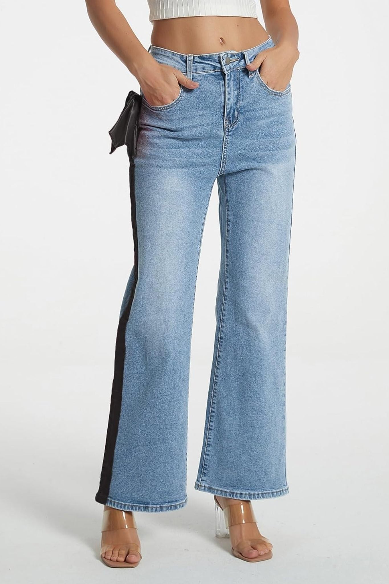 Kedera Statement Satin Bow High Waisted Wide Leg Jeans With Side Stripe