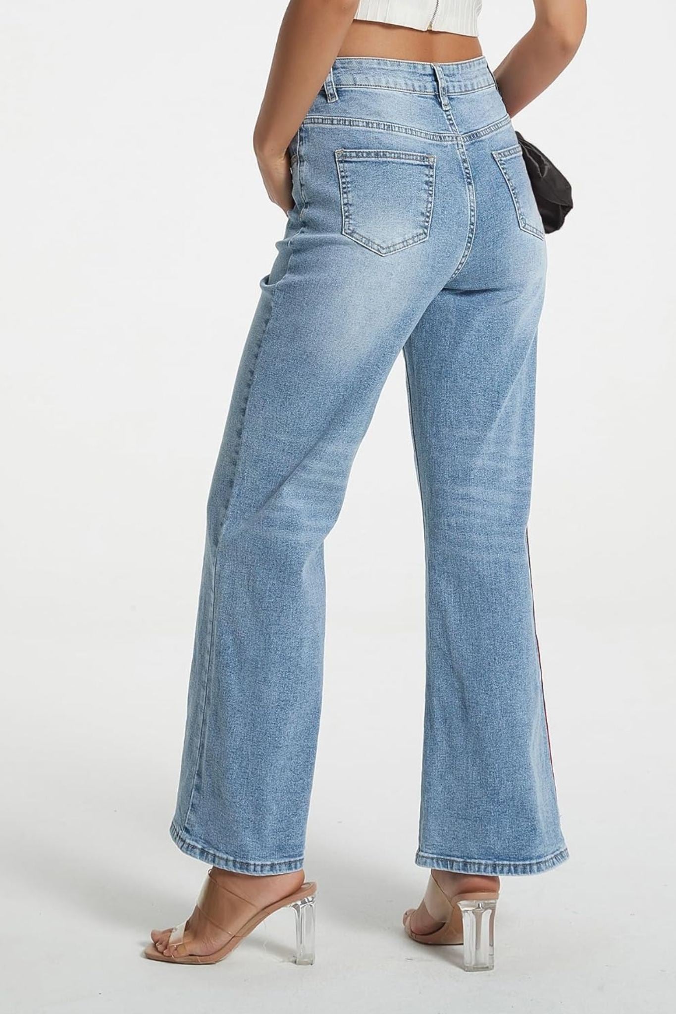 Kedera Statement Satin Bow High Waisted Wide Leg Jeans With Side Stripe
