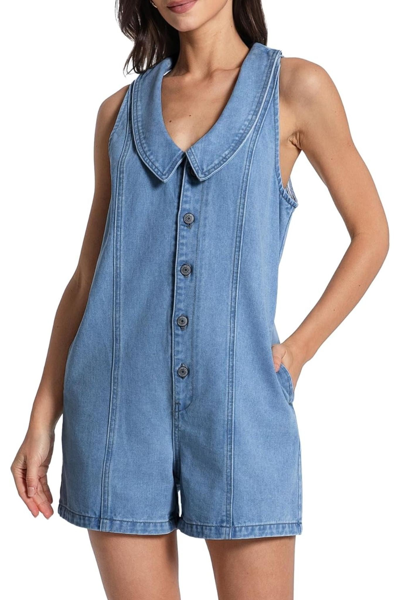 Kedera Retro Charm Oversized Collar Sleeveless Denim Romper With Pockets