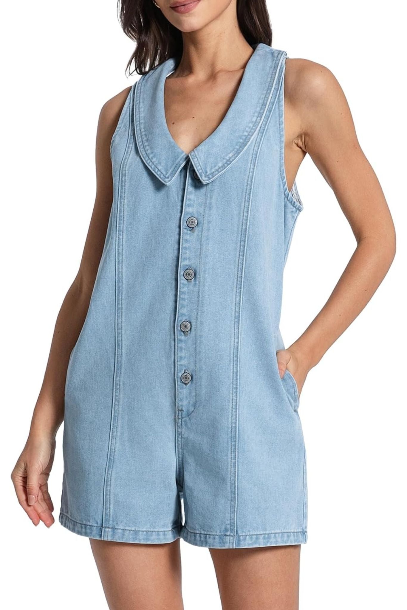 Kedera Retro Charm Oversized Collar Sleeveless Denim Romper With Pockets