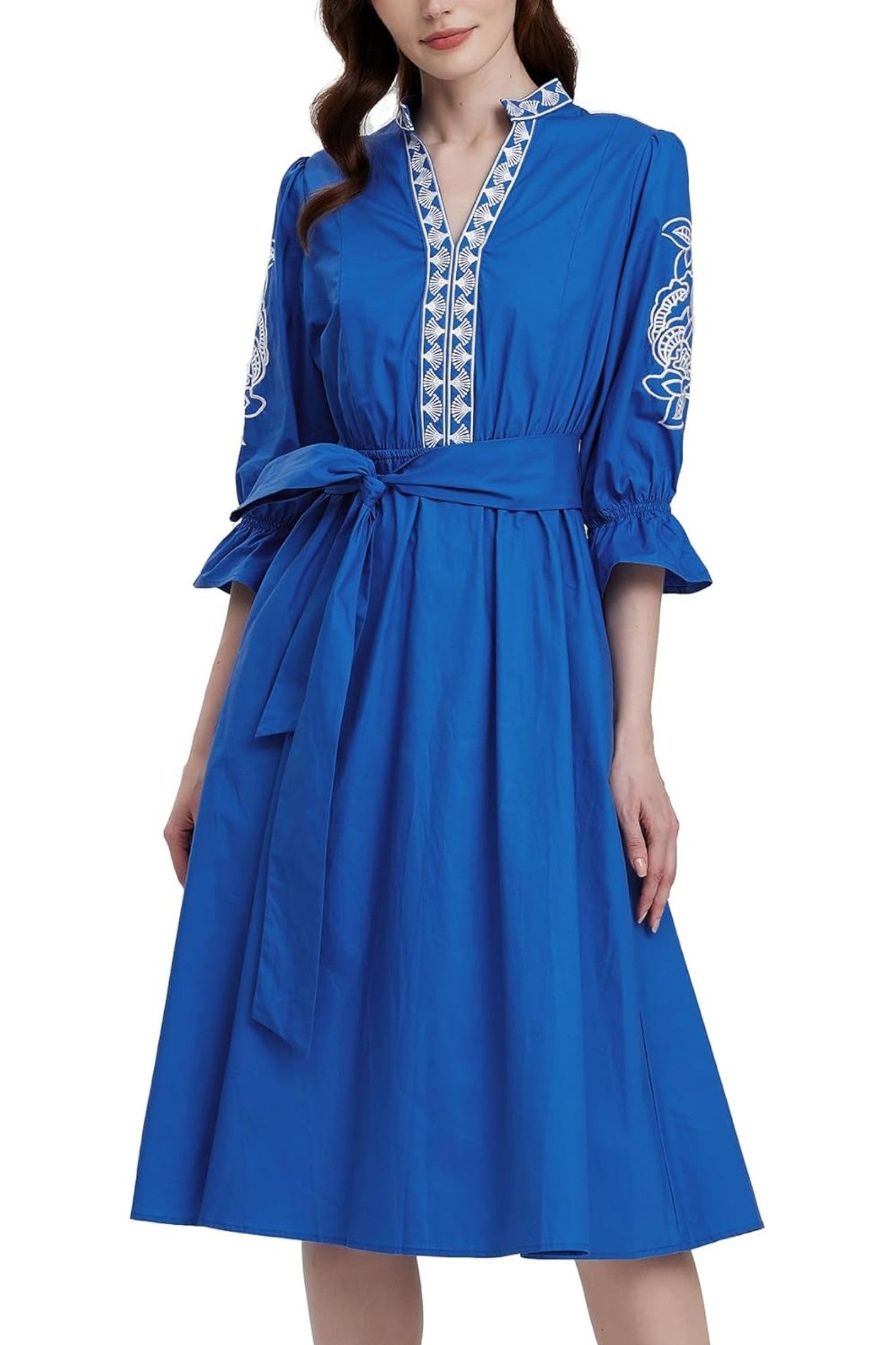 Kedera Embroidered V Neck Midi Shirt Dress With Pockets Tie Waist Flared Dress