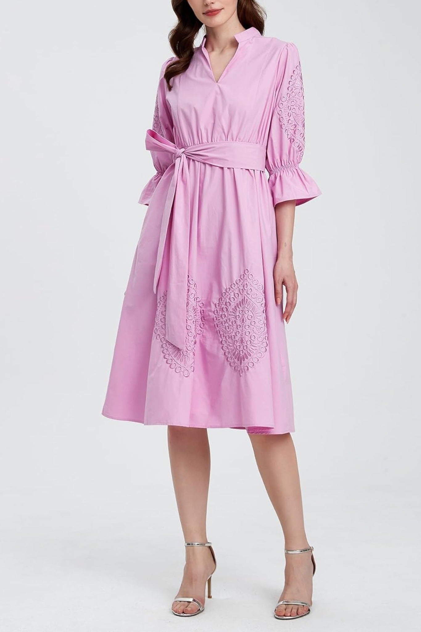 Kedera Embroidered V Neck Midi Shirt Dress With Pockets Tie Waist Flared Dress