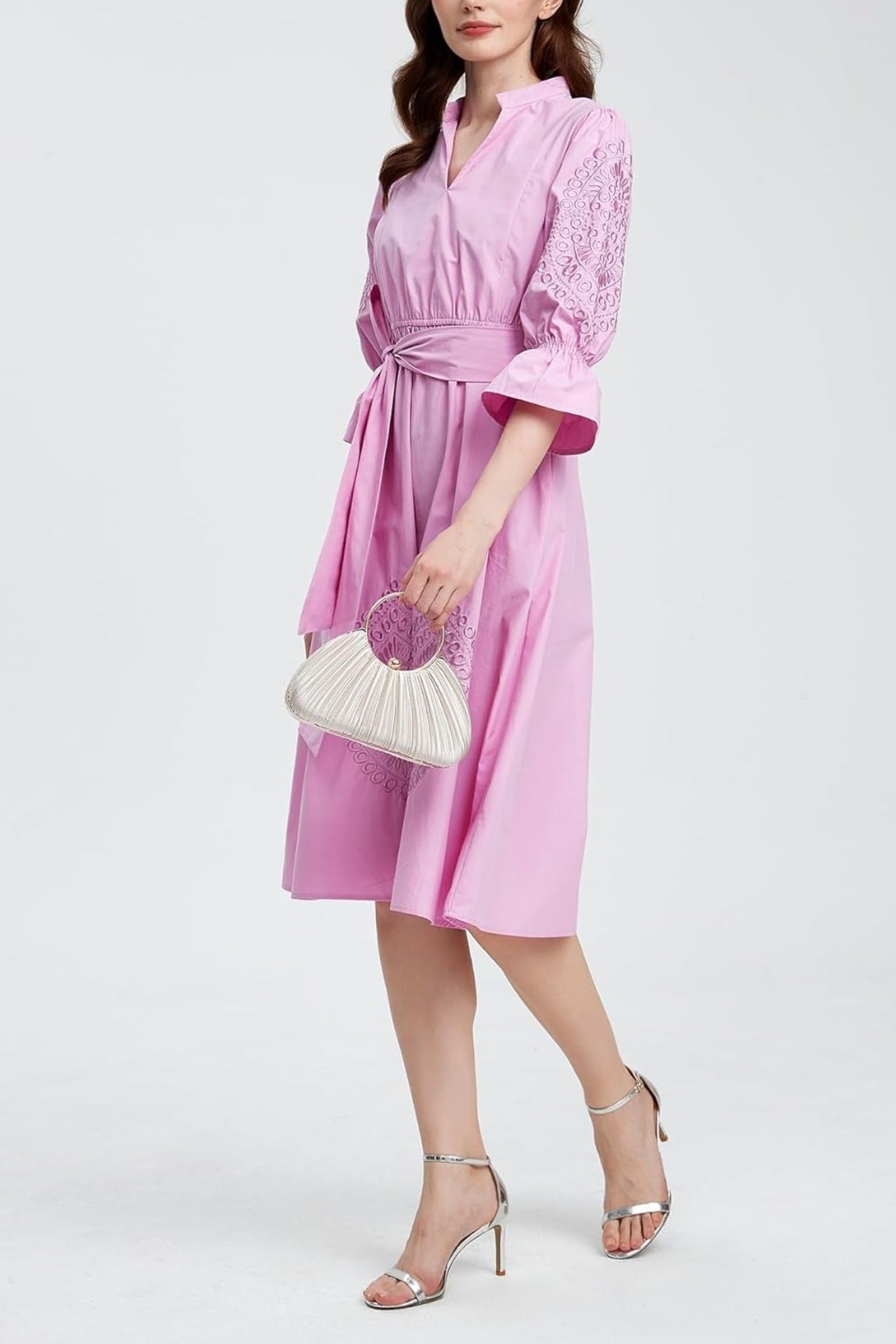 Kedera Embroidered V Neck Midi Shirt Dress With Pockets Tie Waist Flared Dress