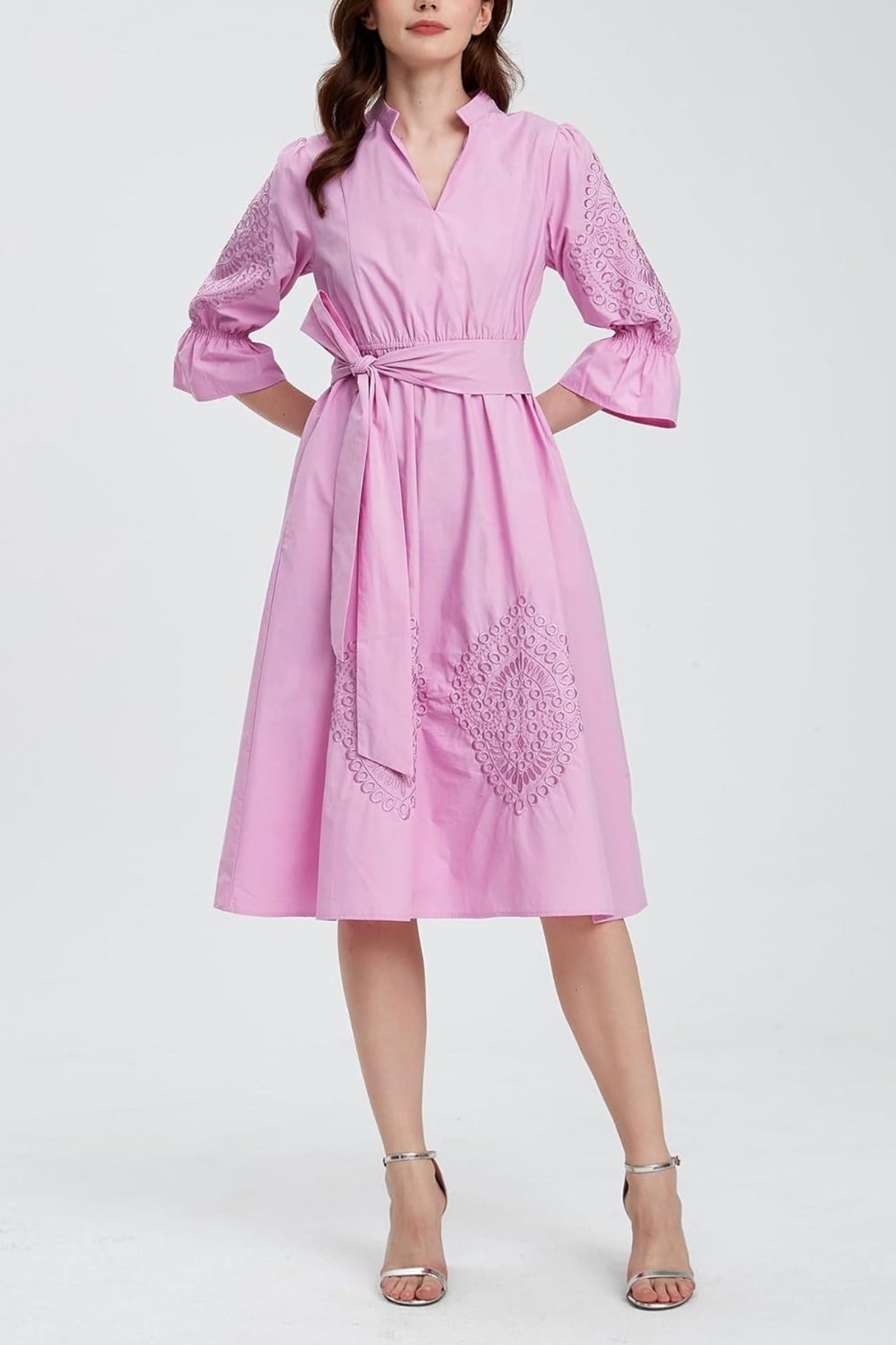 Kedera Embroidered V Neck Midi Shirt Dress With Pockets Tie Waist Flared Dress