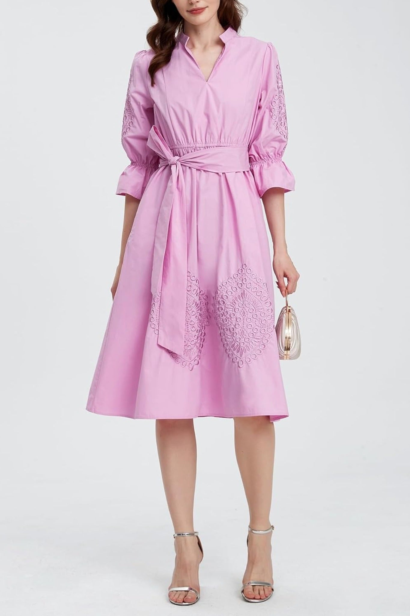 Kedera Embroidered V Neck Midi Shirt Dress With Pockets Tie Waist Flared Dress