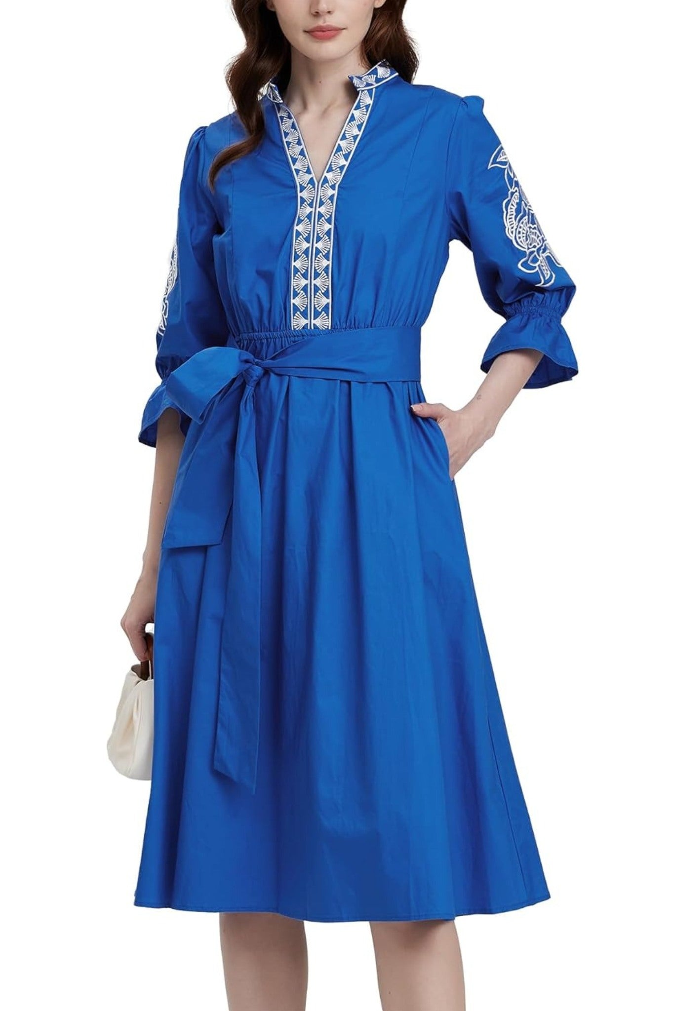 Kedera Embroidered V Neck Midi Shirt Dress With Pockets Tie Waist Flared Dress