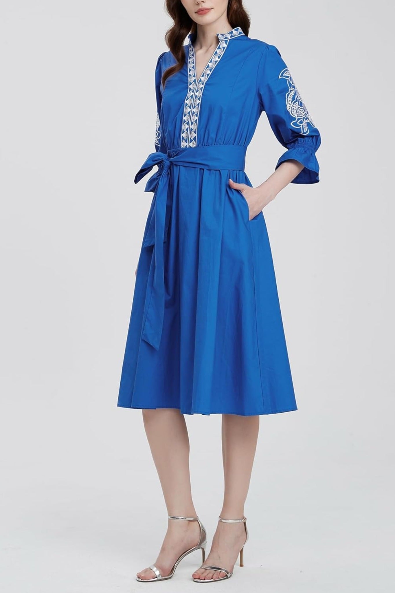 Kedera Embroidered V Neck Midi Shirt Dress With Pockets Tie Waist Flared Dress