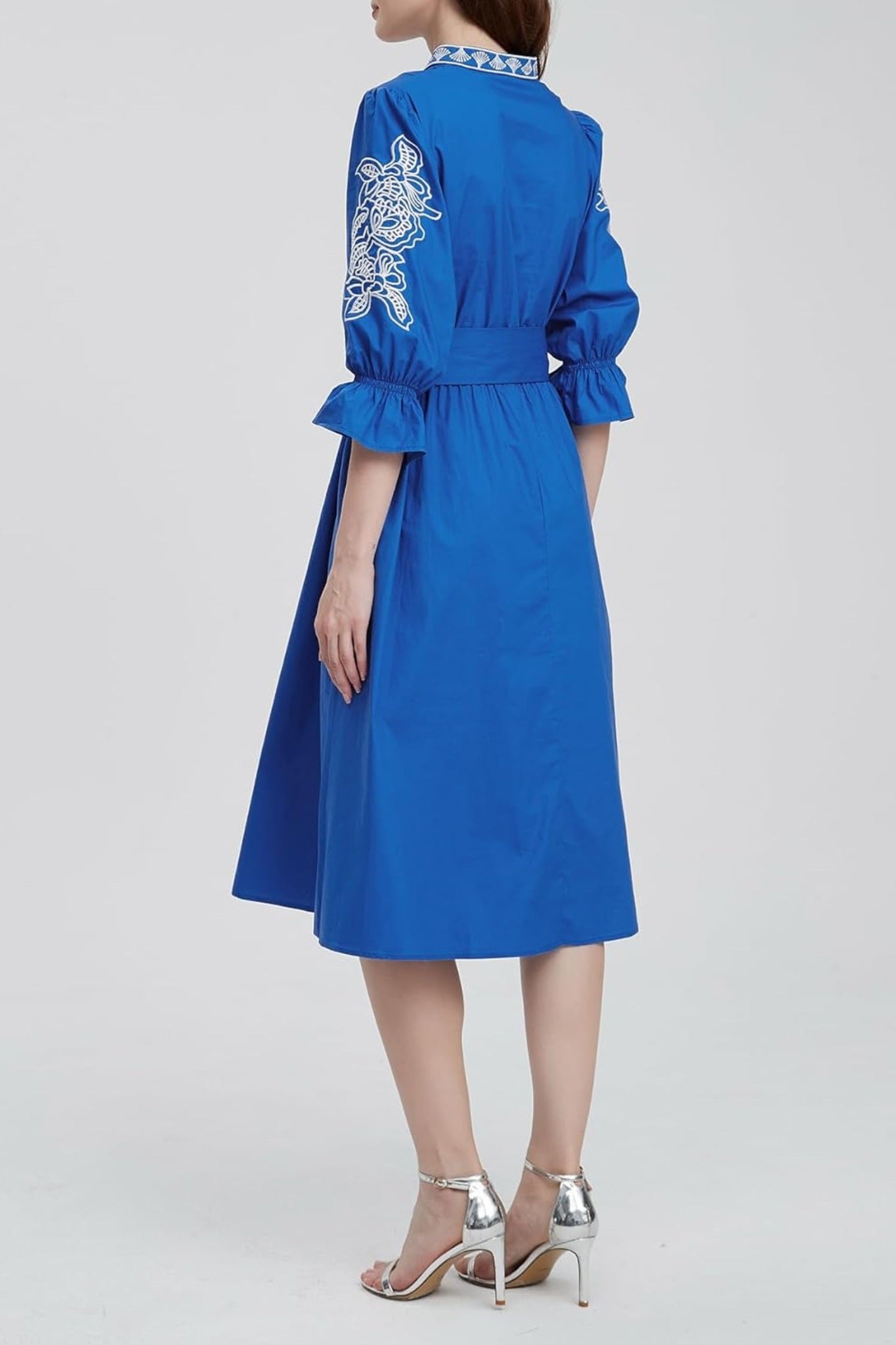 Kedera Embroidered V Neck Midi Shirt Dress With Pockets Tie Waist Flared Dress