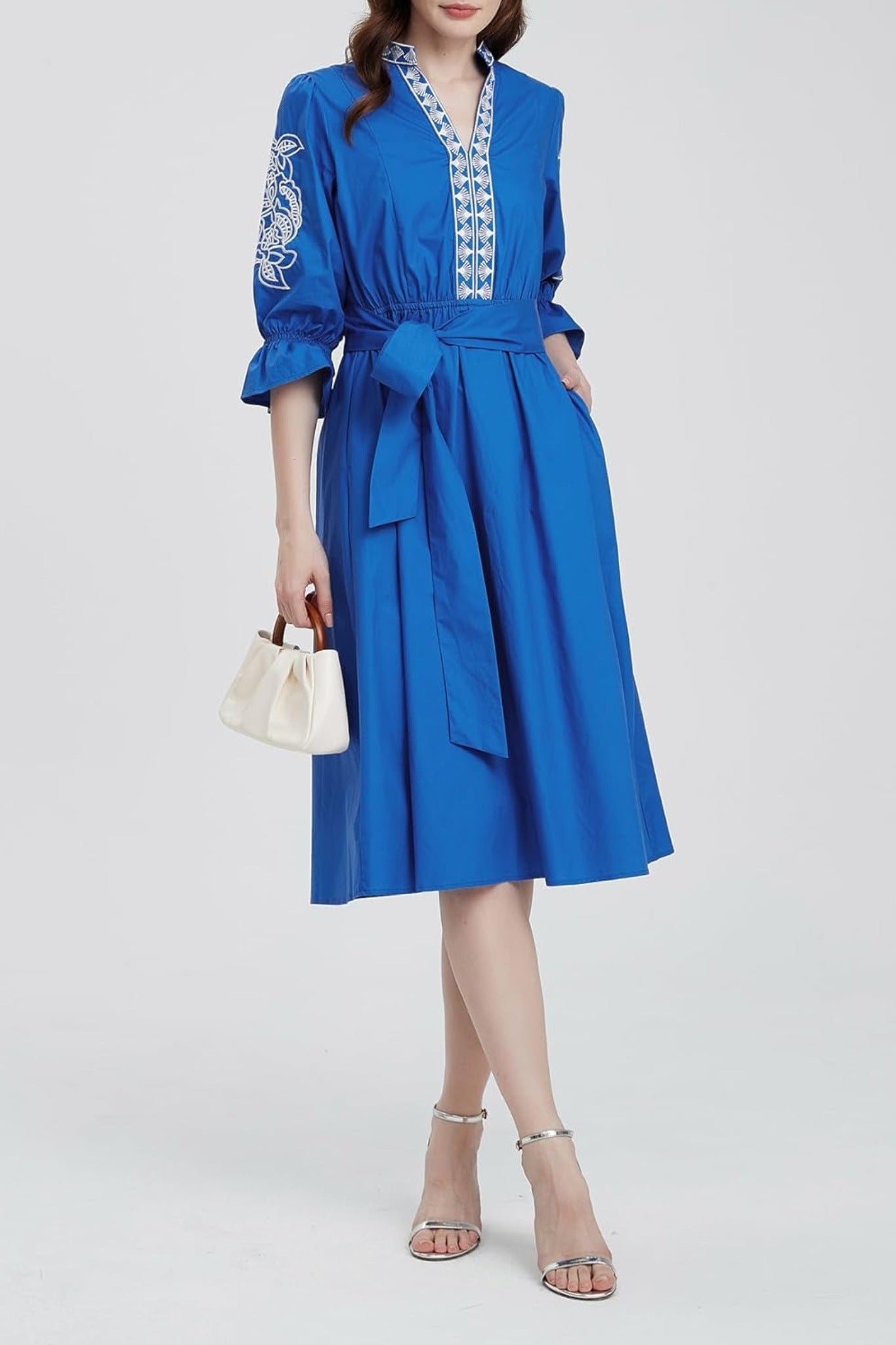 Kedera Embroidered V Neck Midi Shirt Dress With Pockets Tie Waist Flared Dress