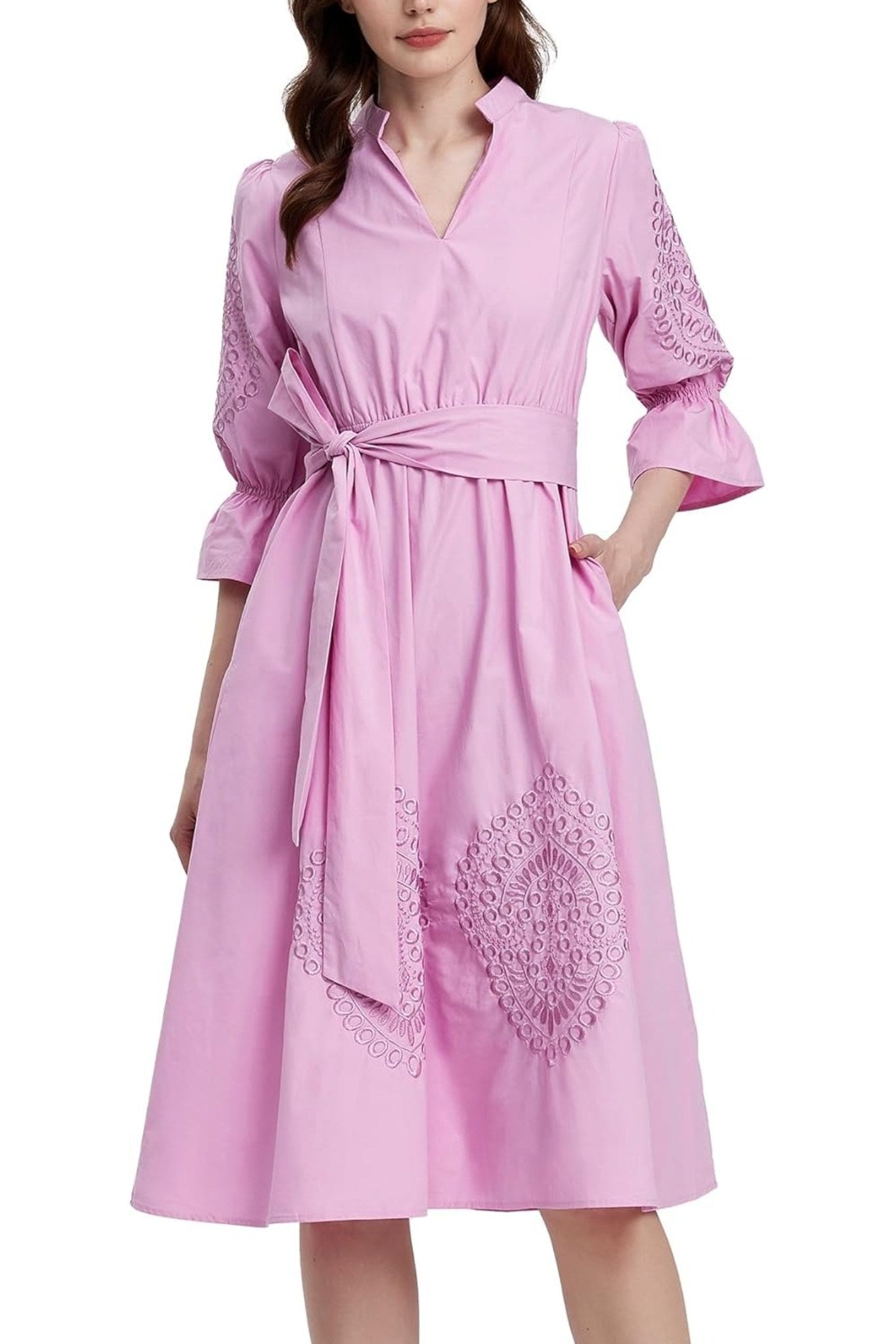 Kedera Embroidered V Neck Midi Shirt Dress With Pockets Tie Waist Flared Dress