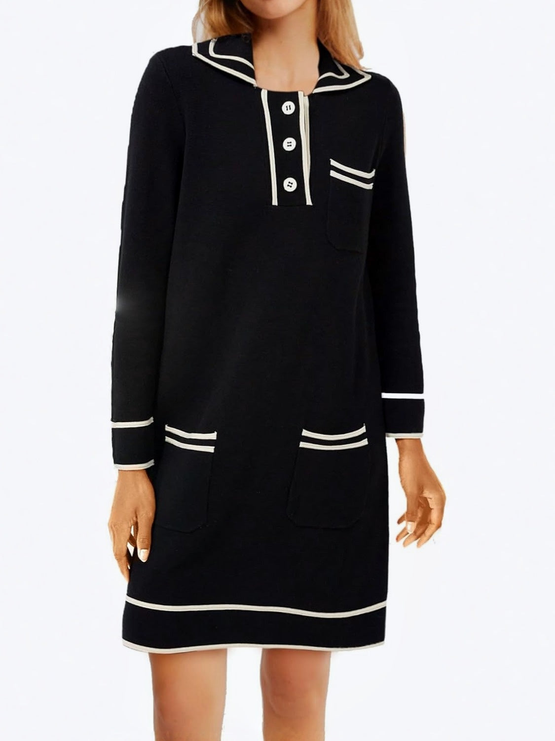 Yexpine Contrast Collar Knit Shift Dress