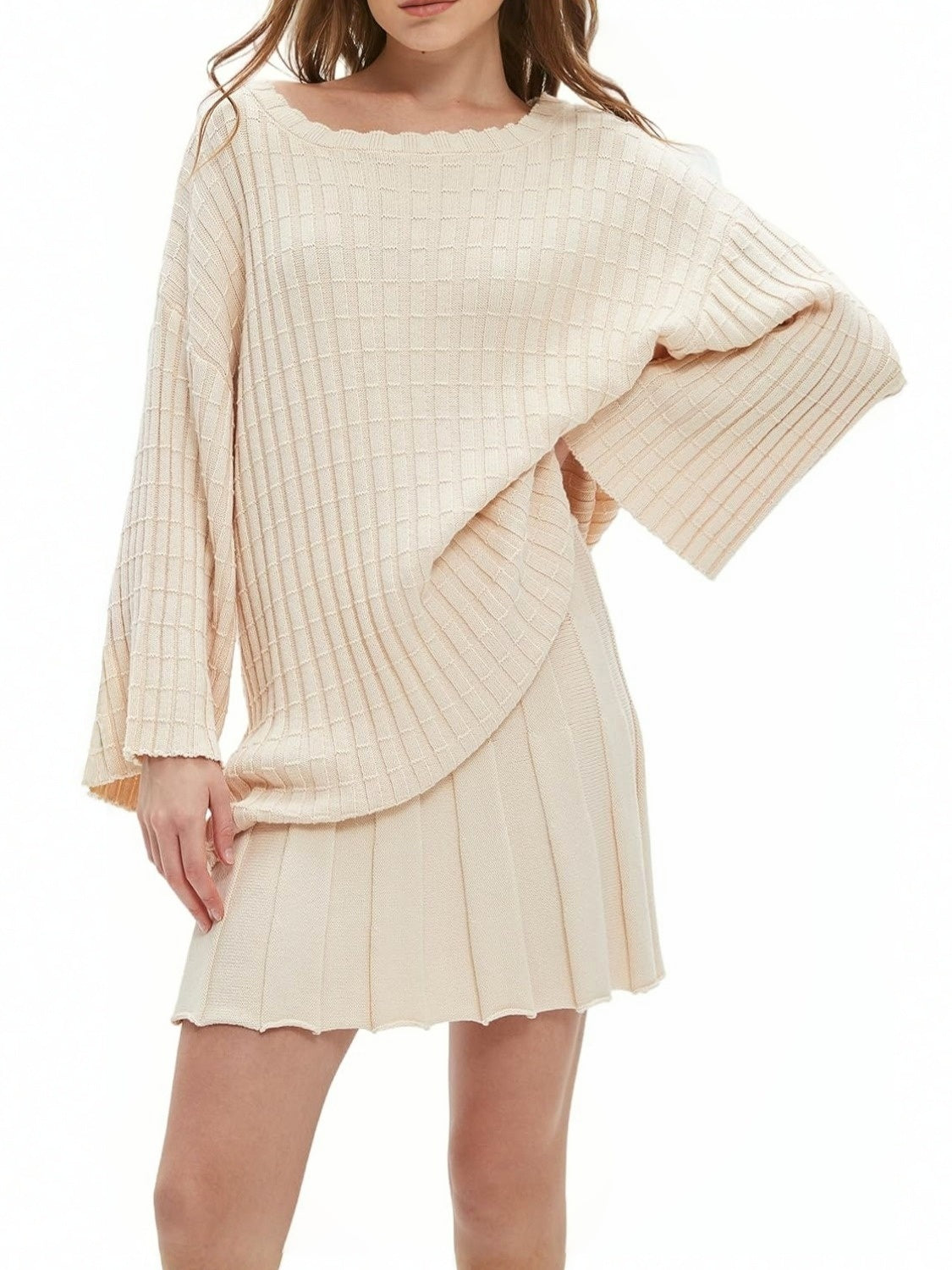 Ezapine Casual Loose Knit Top And Pleated Skirt Set