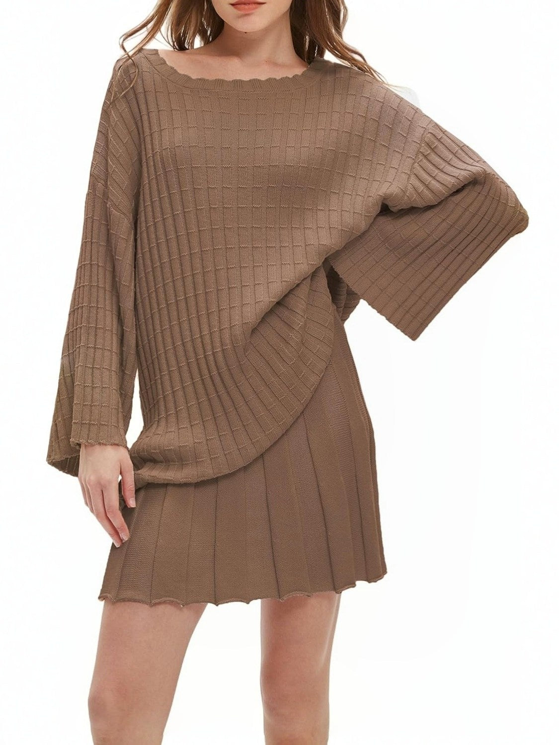 Ezapine Casual Loose Knit Top And Pleated Skirt Set