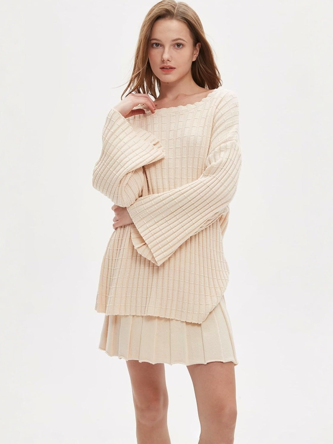 Ezapine Casual Loose Knit Top And Pleated Skirt Set