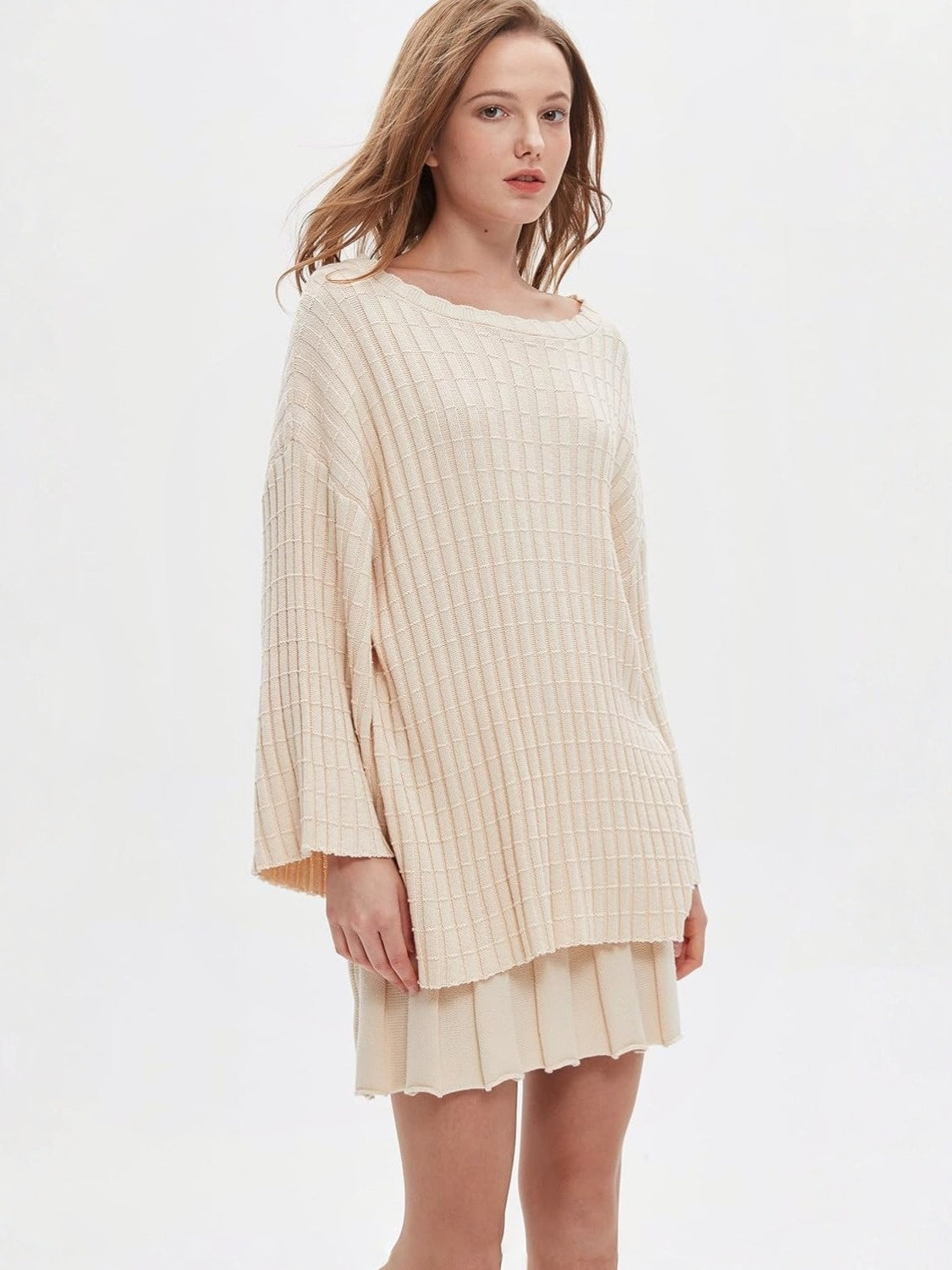 Ezapine Casual Loose Knit Top And Pleated Skirt Set