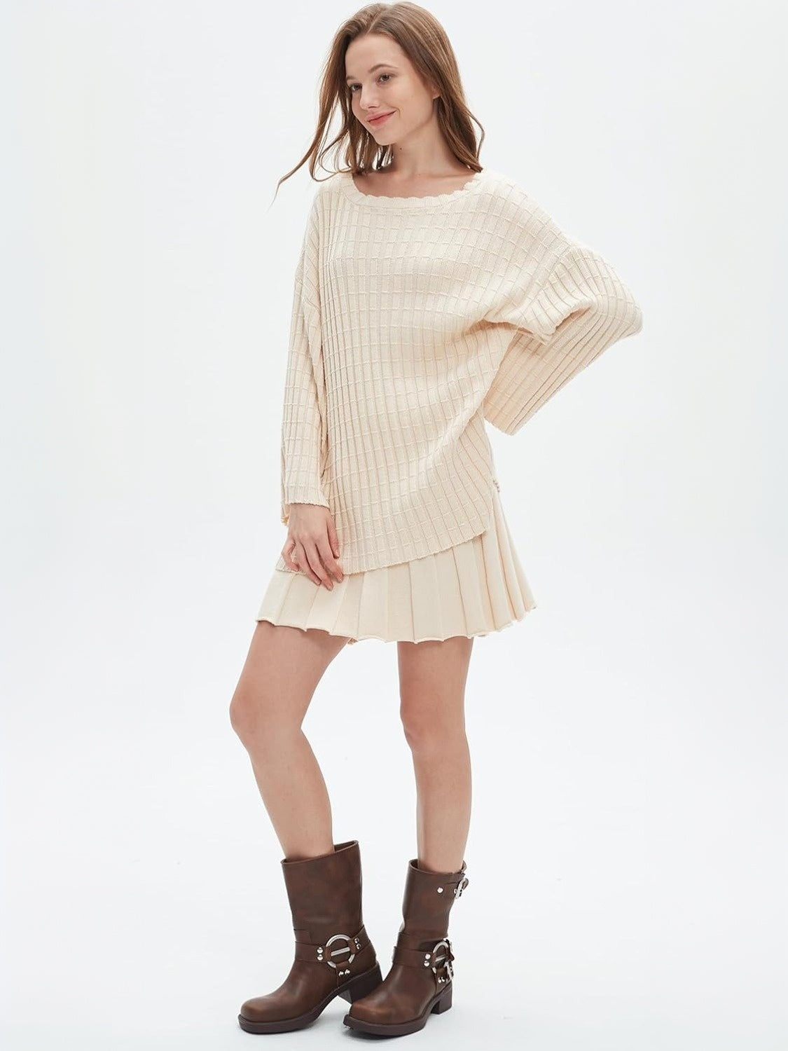 Ezapine Casual Loose Knit Top And Pleated Skirt Set